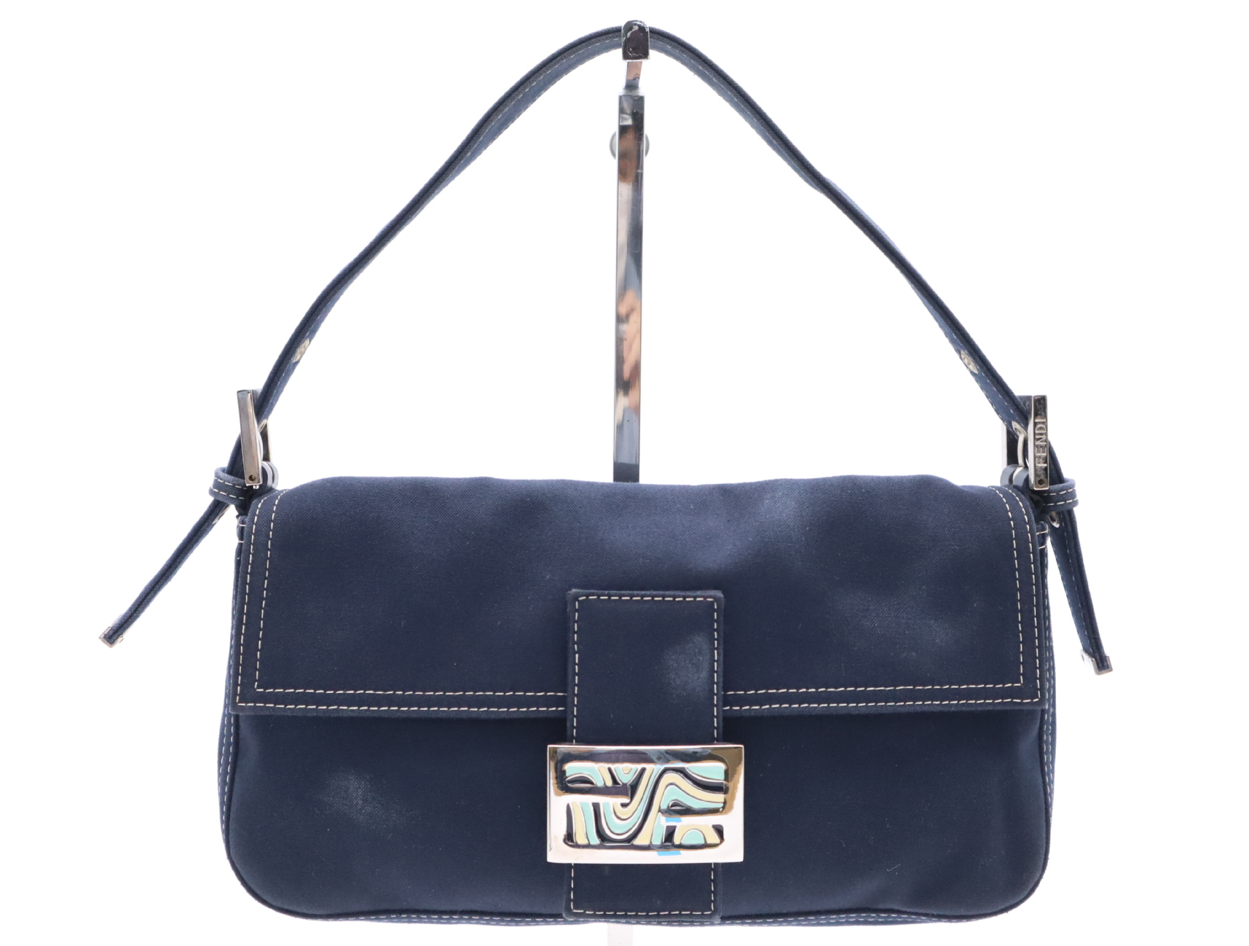 26424 Canvas Mamma Baguette Semi-Shoulder Bag with Zucca Logo, Navy Shoulder Bag