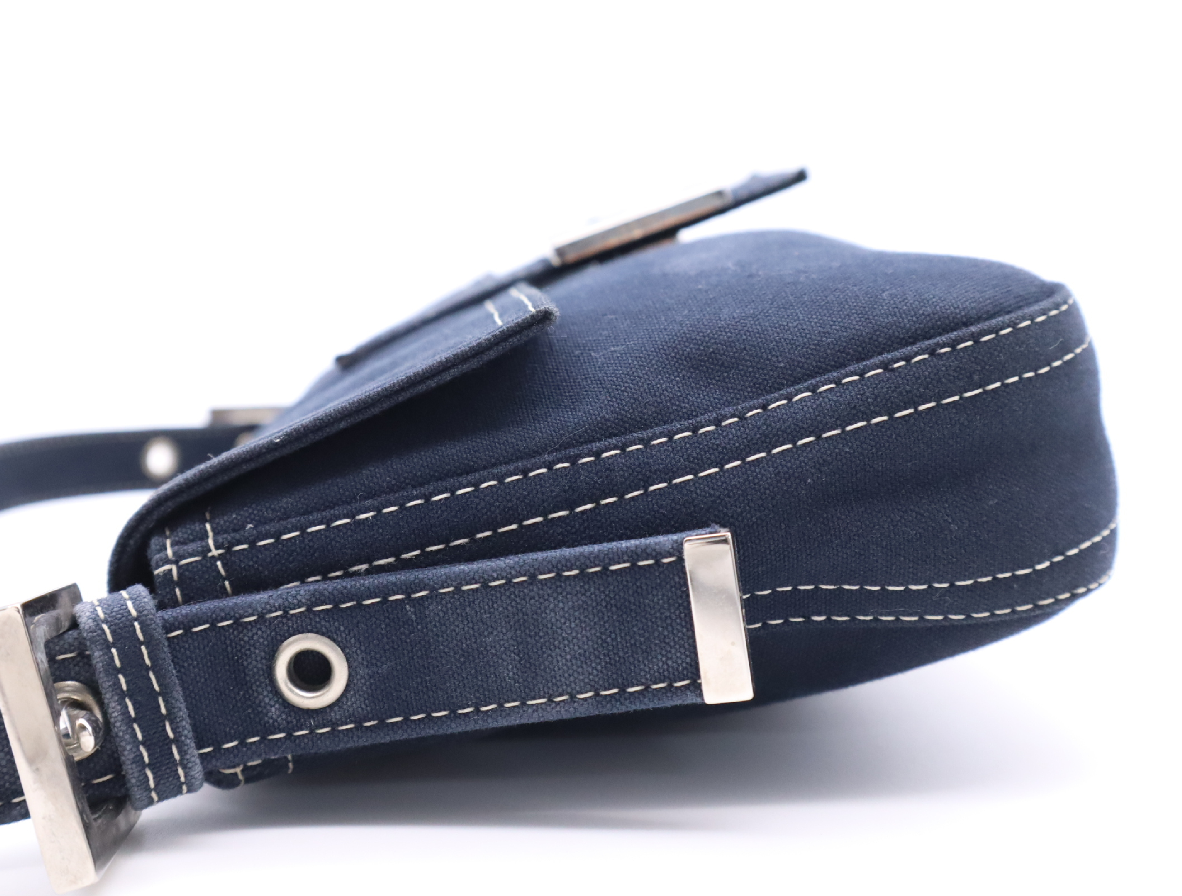 26424 Canvas Mamma Baguette Semi-Shoulder Bag with Zucca Logo, Navy Shoulder Bag — view 3