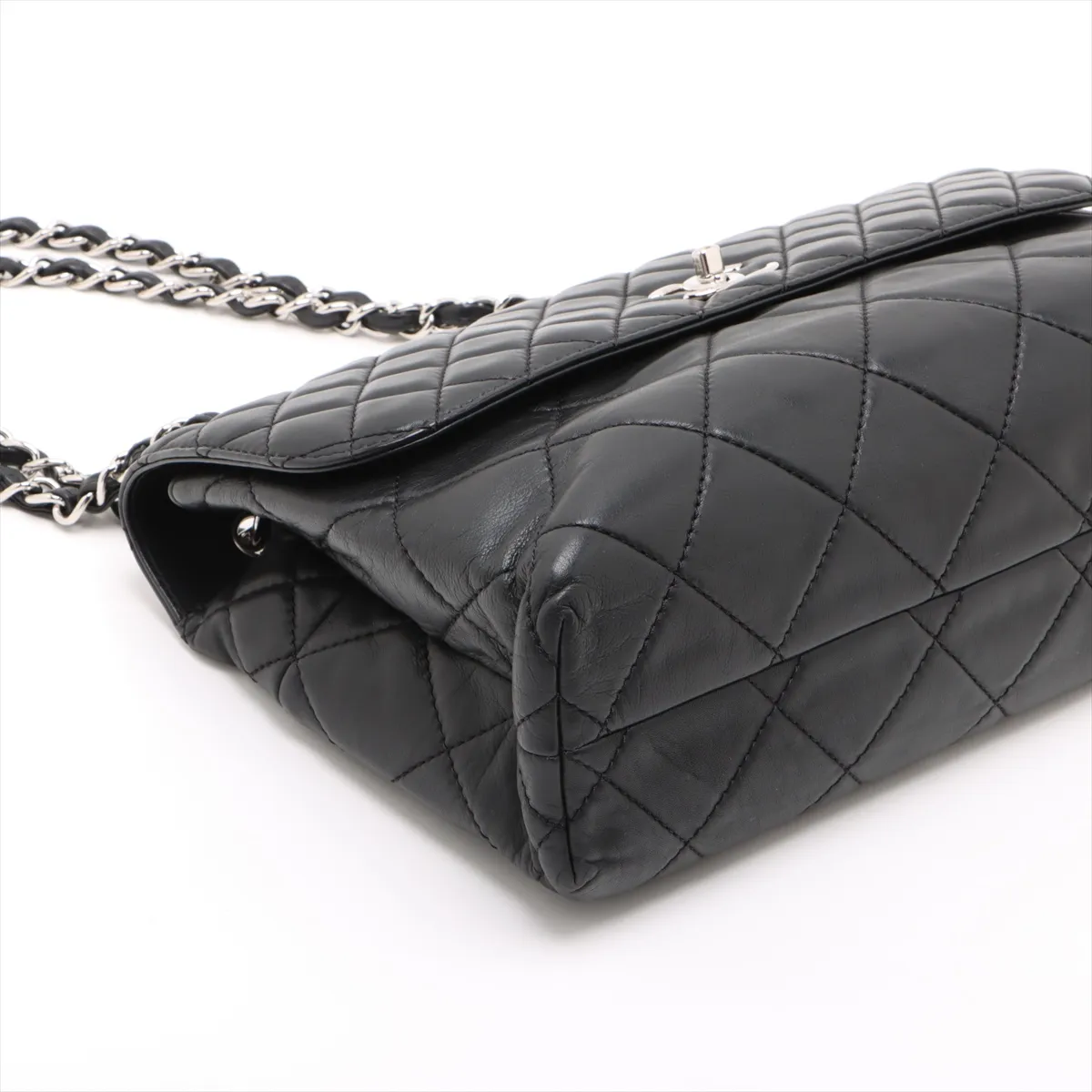 Large Matelassé Lambskin Single Flap Double Chain Bag, Black with Silver Hardware, 14643209, Series 14 — view 4