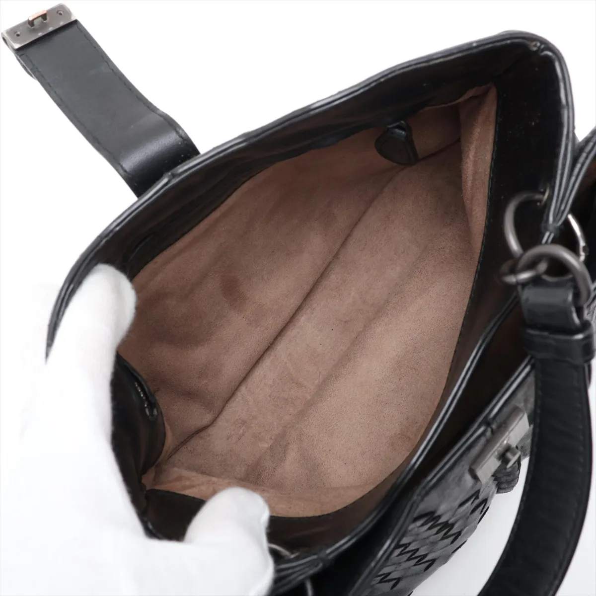 Intrecciato Leather Handbag, Black — view 8