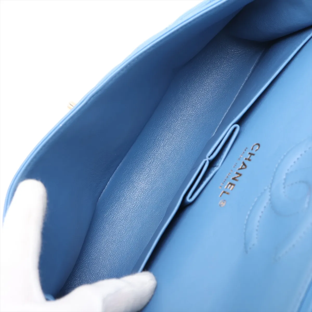 [Individually packaged] Chanel Matelassé 25 Lambskin Double Flap Double Chain Bag, Blue with Gold Hardware, 27973749, Serial Number 27, A01112 — view 6