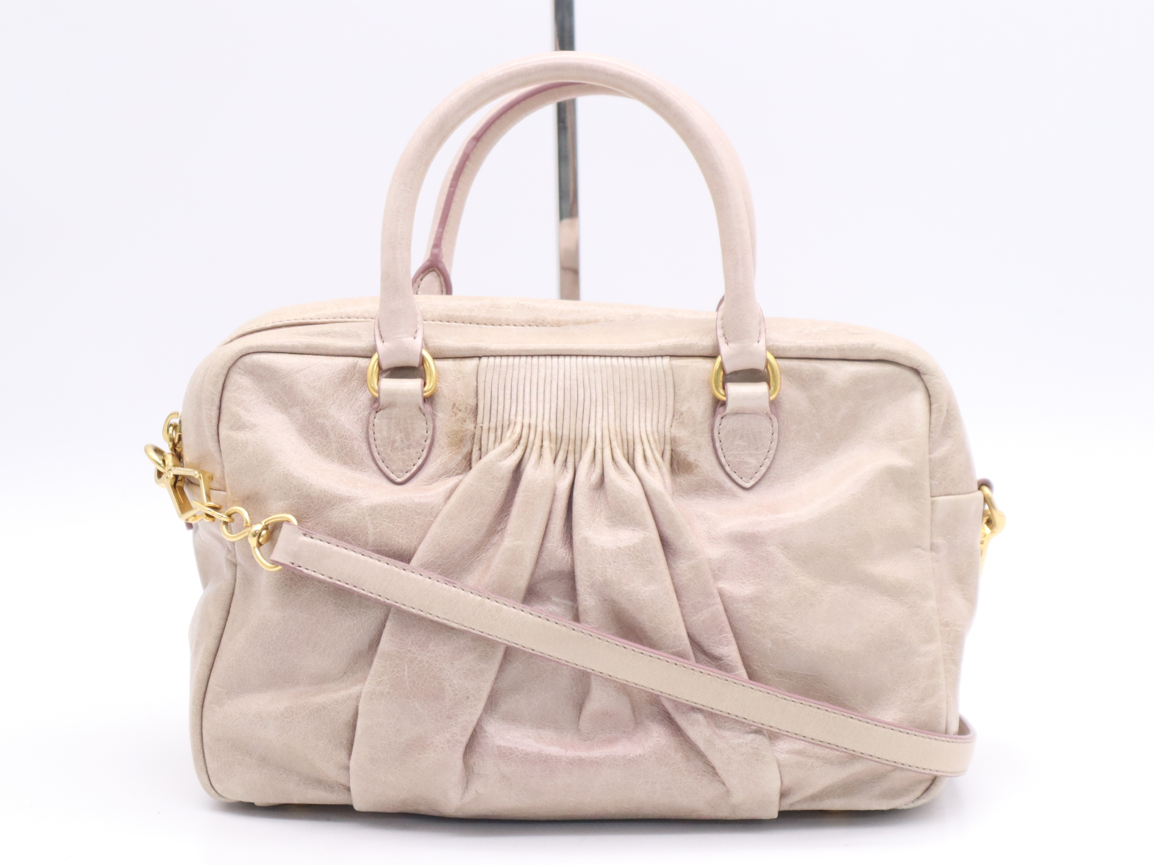 Leather 2-Way Handbag, Pink, Gold Hardware, with Shoulder Strap