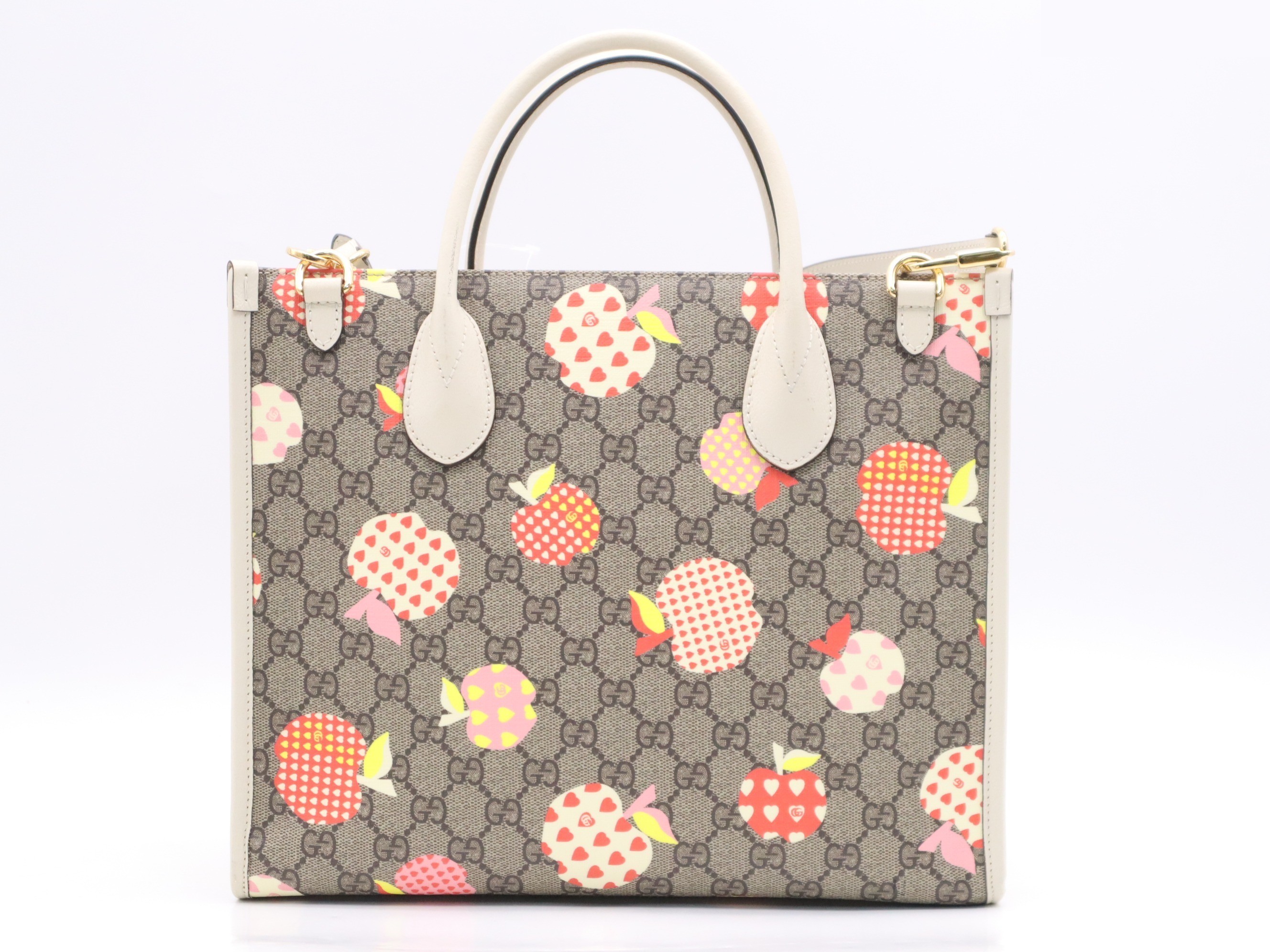 GG Supreme x Leather Apple Heart Reborn Tote Bag, Khaki & White — view 2