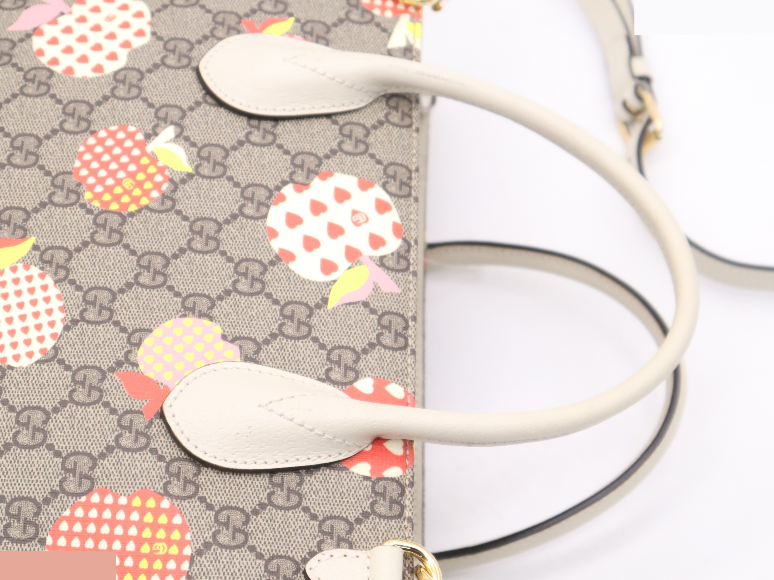GG Supreme x Leather Apple Heart Reborn Tote Bag, Khaki & White — view 6