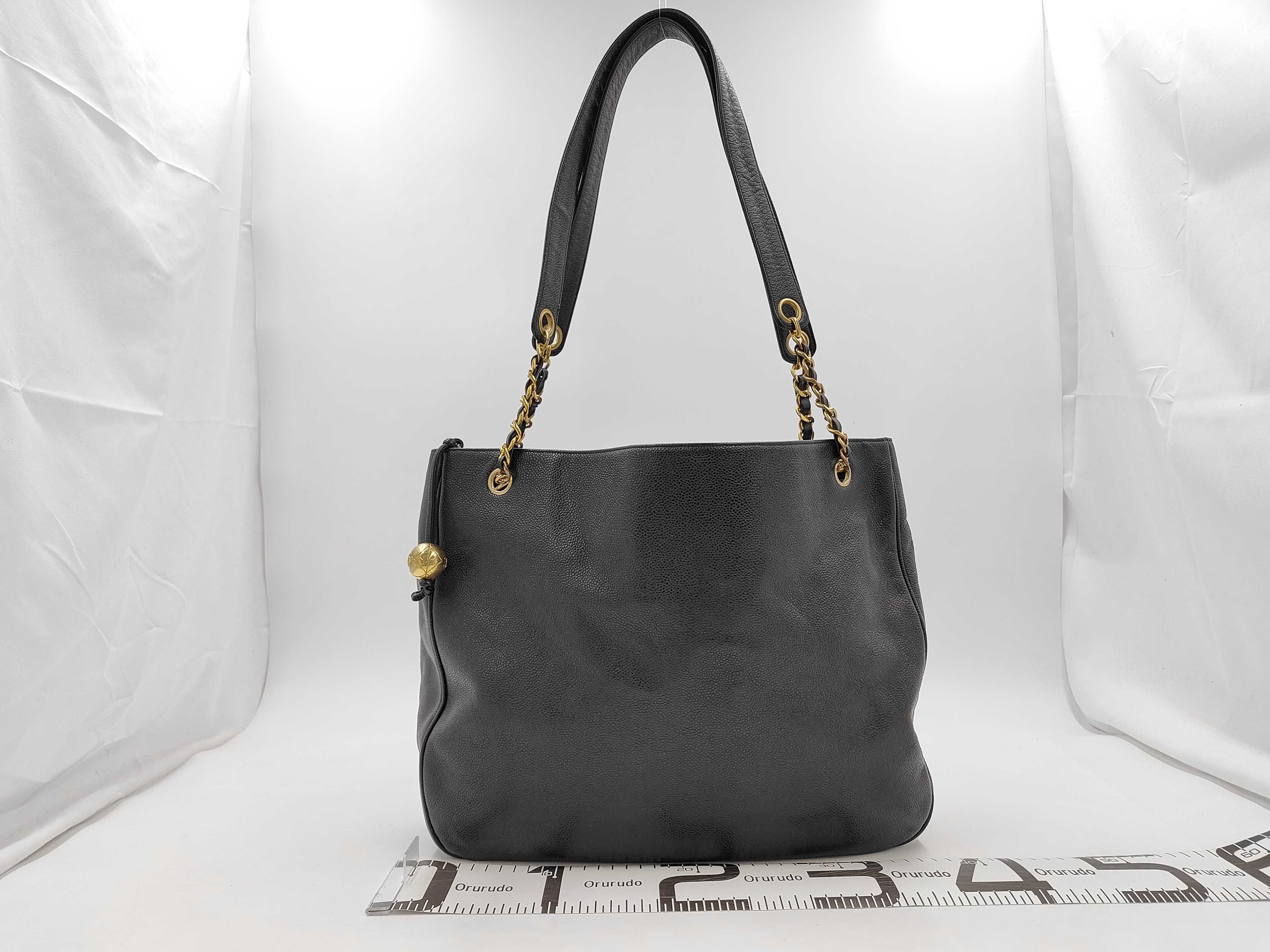Coco Caviar Leather Chain Shoulder Bag, Black, Cereal Tote Bag — view 2