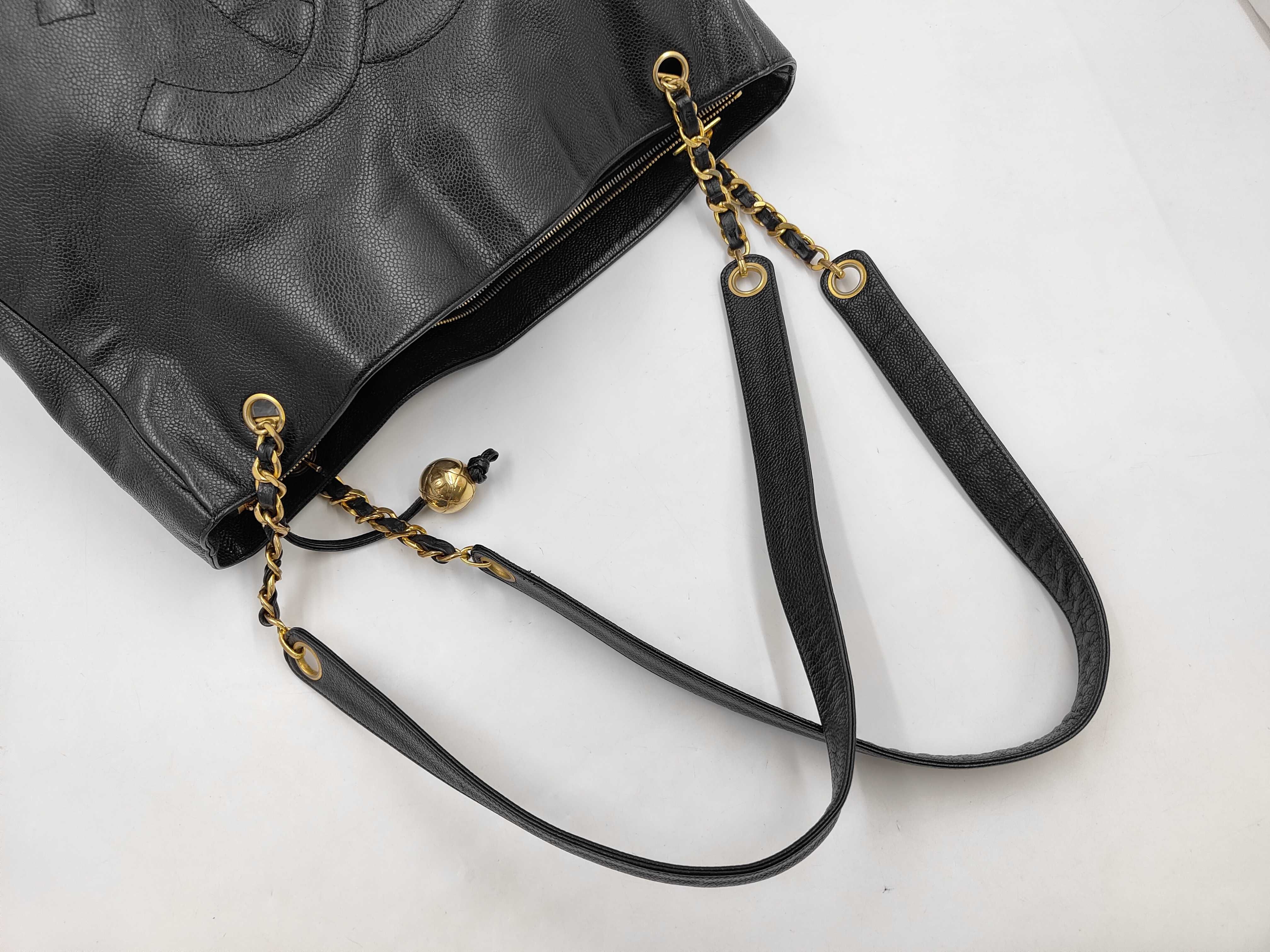 Coco Caviar Leather Chain Shoulder Bag, Black, Cereal Tote Bag — view 3