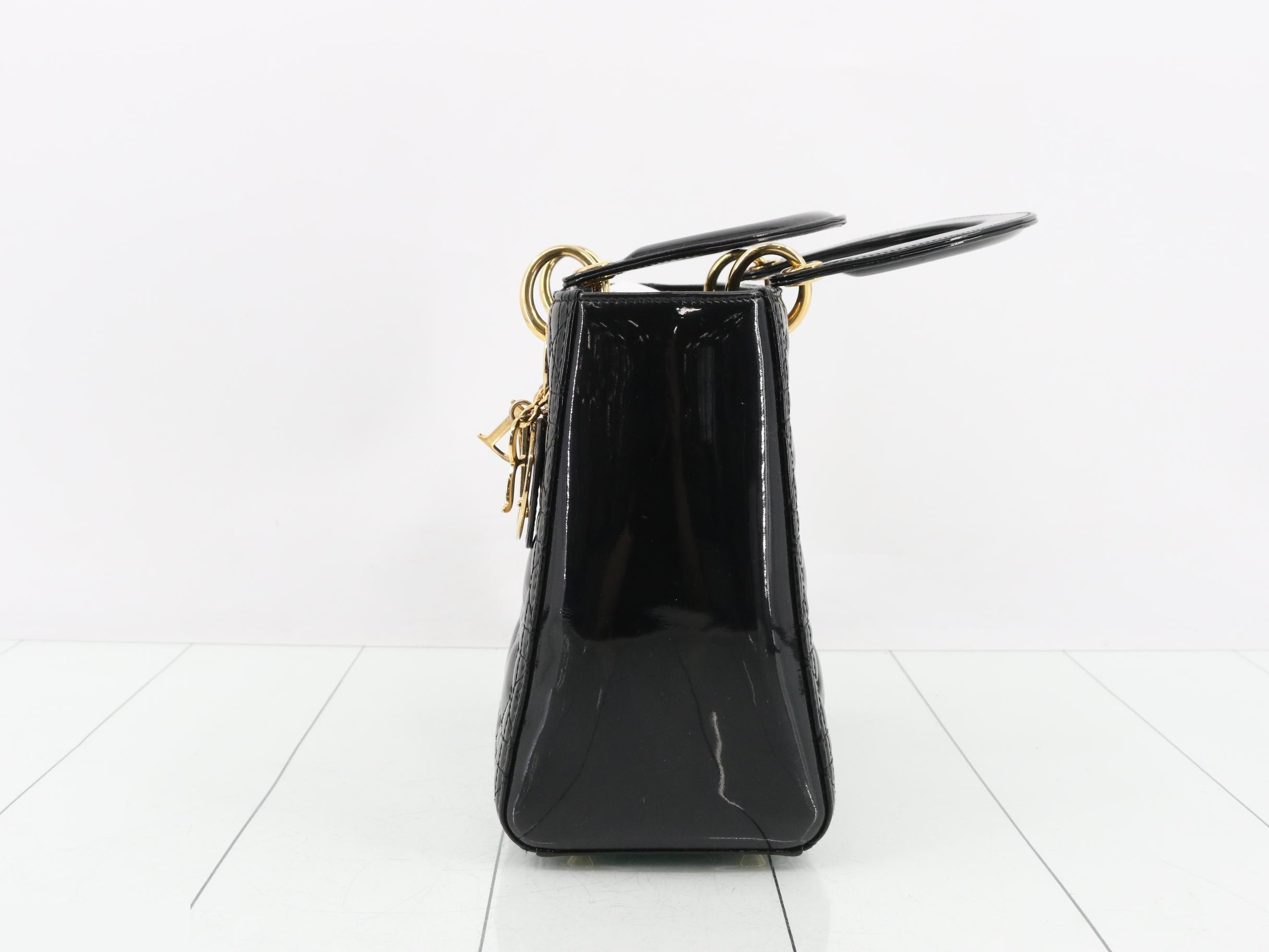 Lady Dior Cannage Enamel 2-Way Handbag, Black — view 3