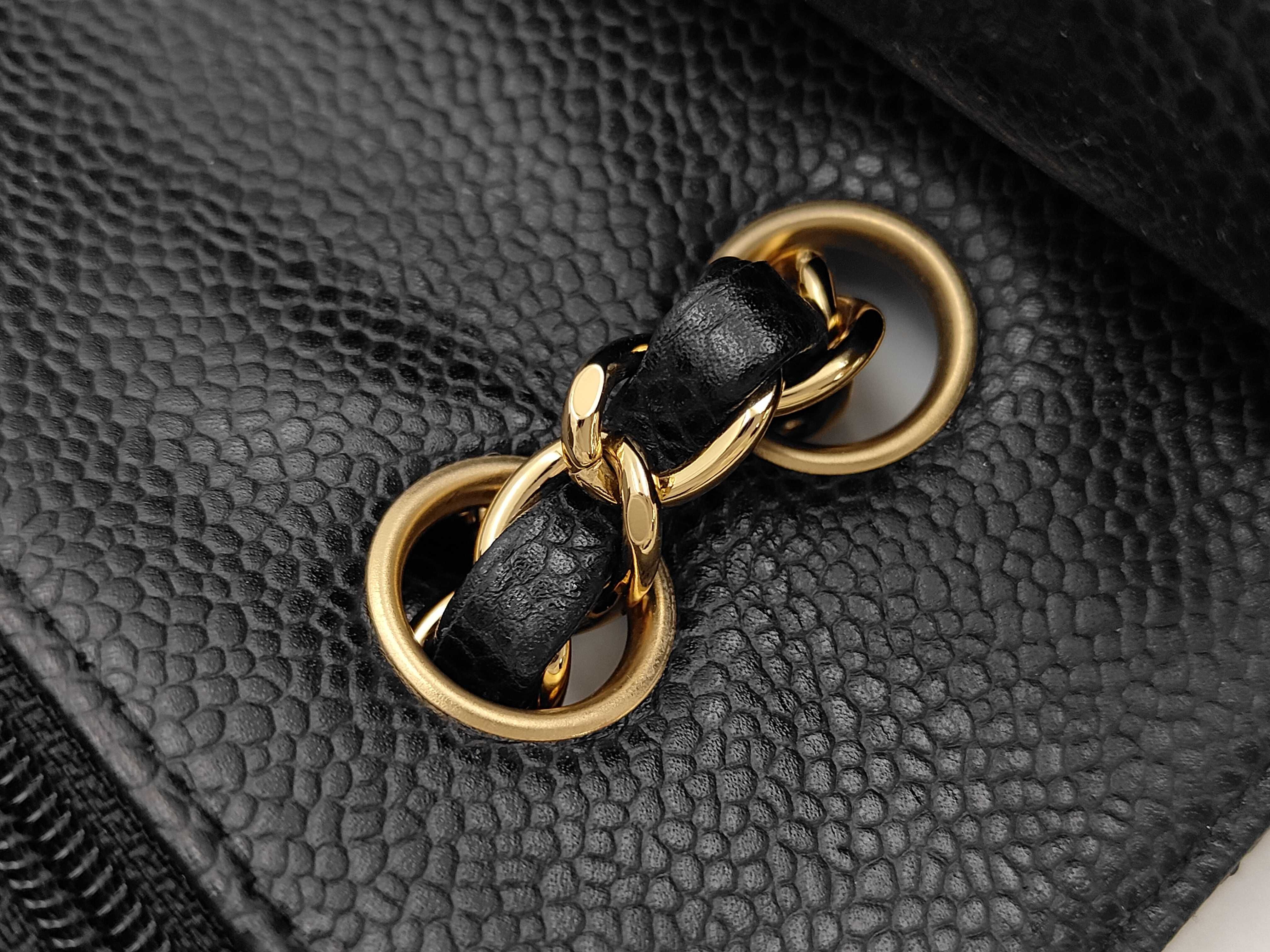 Caviar Skin Chain Shoulder Bag with Gold Hardware and Double Slap — view 7