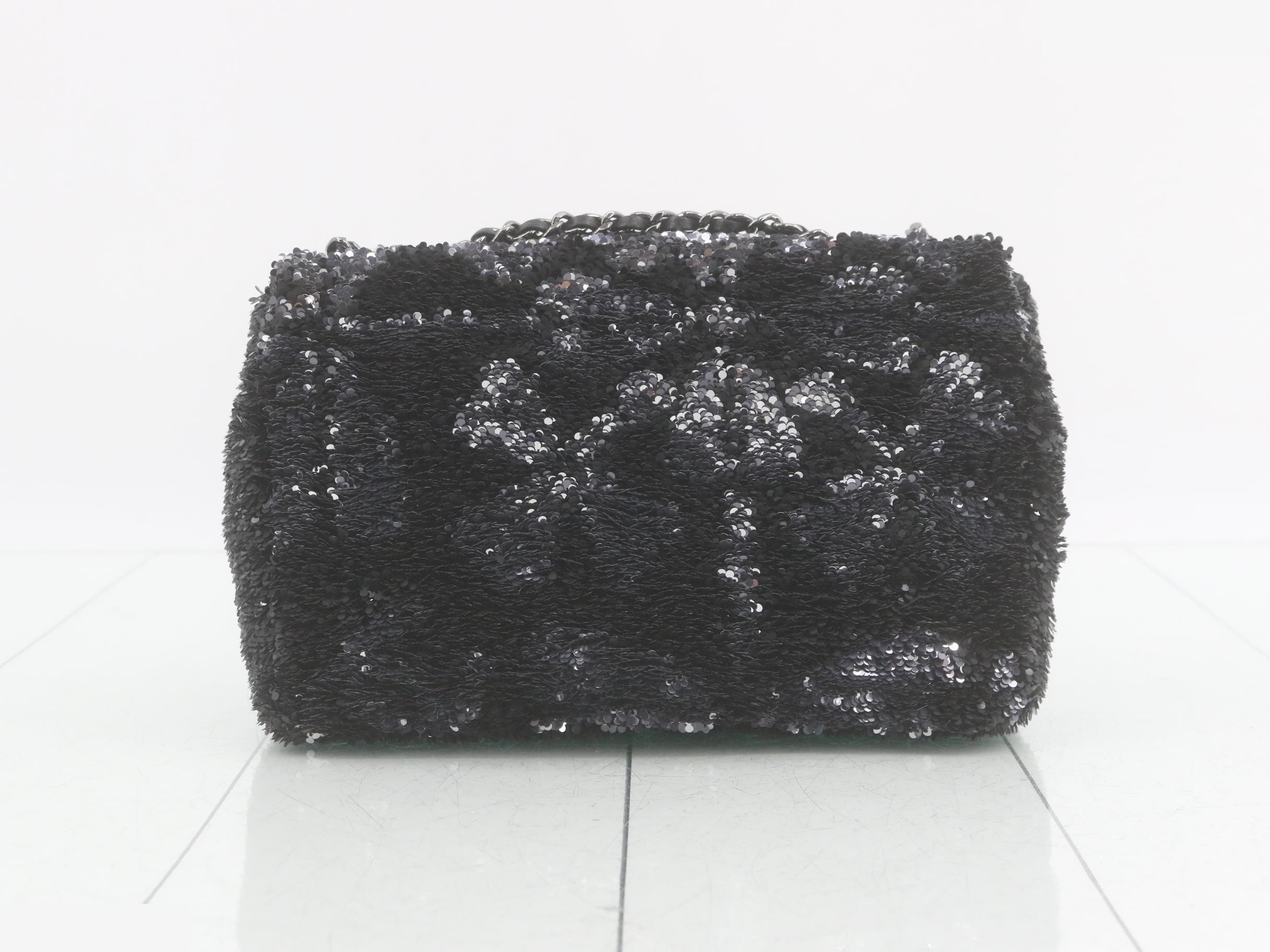 Sequined Coco Mark Chain Shoulder Bag, Black/Silver — view 2