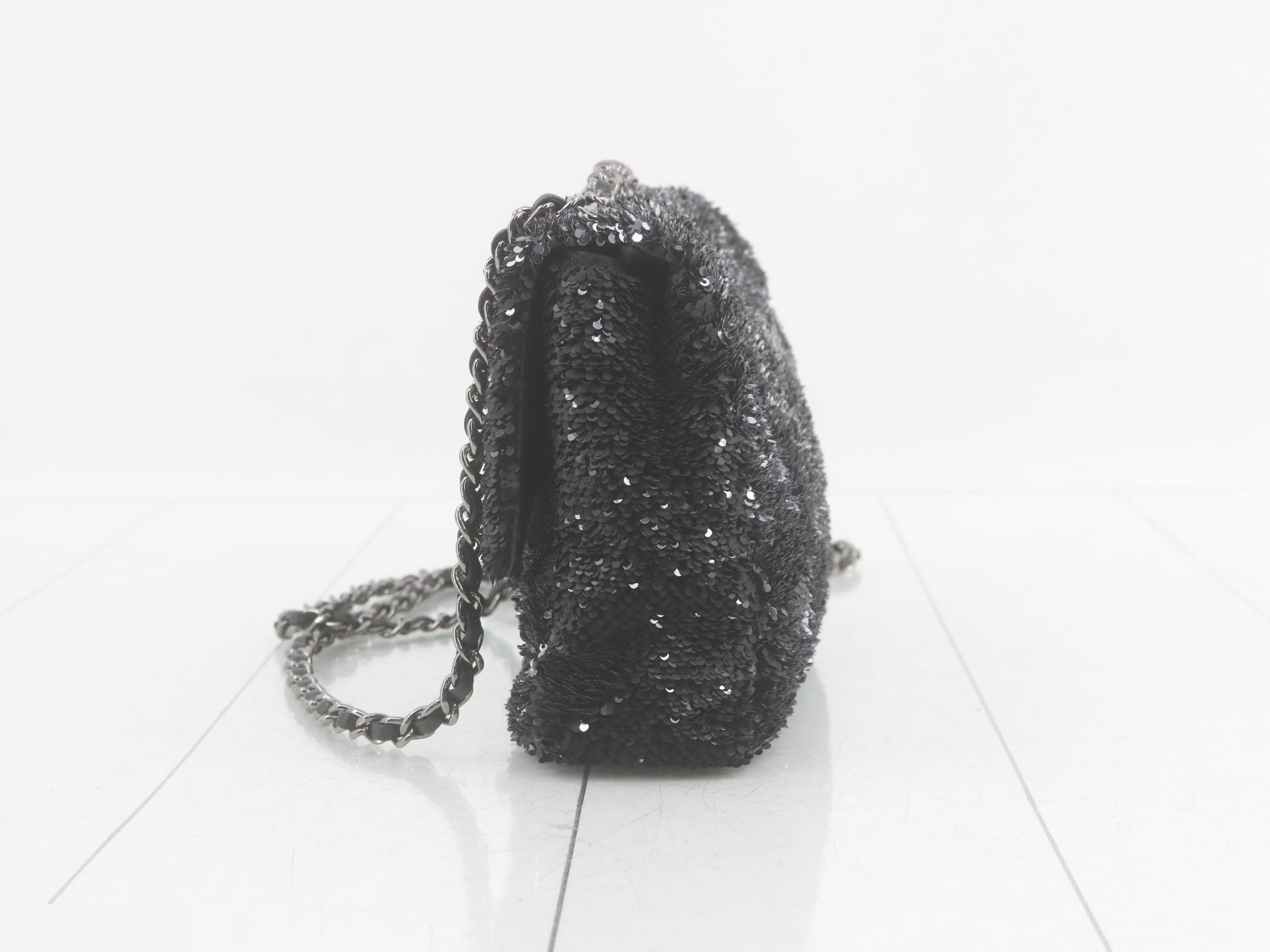 Sequined Coco Mark Chain Shoulder Bag, Black/Silver — view 3