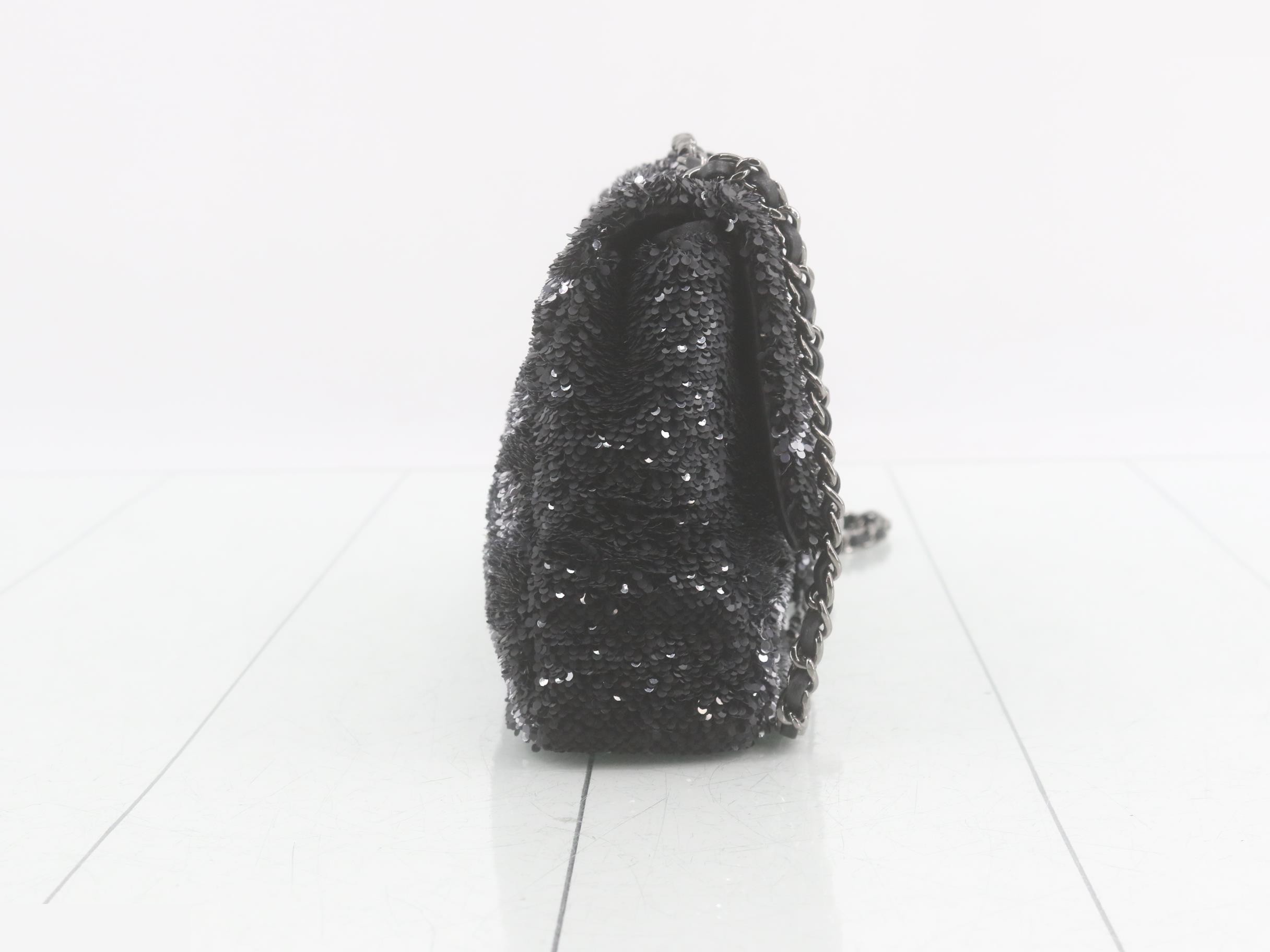 Sequined Coco Mark Chain Shoulder Bag, Black/Silver — view 4