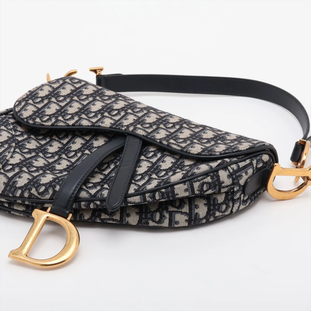 Oblique Saddle Bag, Canvas x Leather, 2-Way Handbag, Navy — view 3
