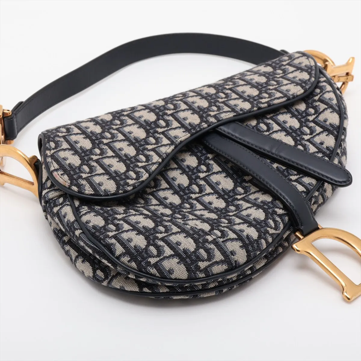 Oblique Saddle Bag, Canvas x Leather, 2-Way Handbag, Navy — view 4