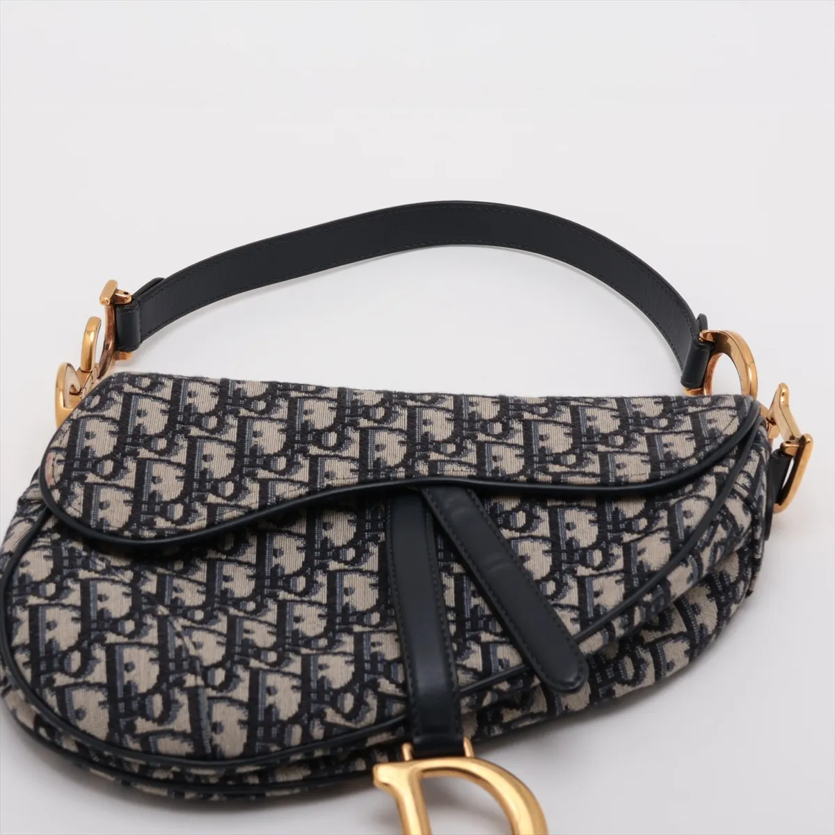 Oblique Saddle Bag, Canvas x Leather, 2-Way Handbag, Navy — view 6