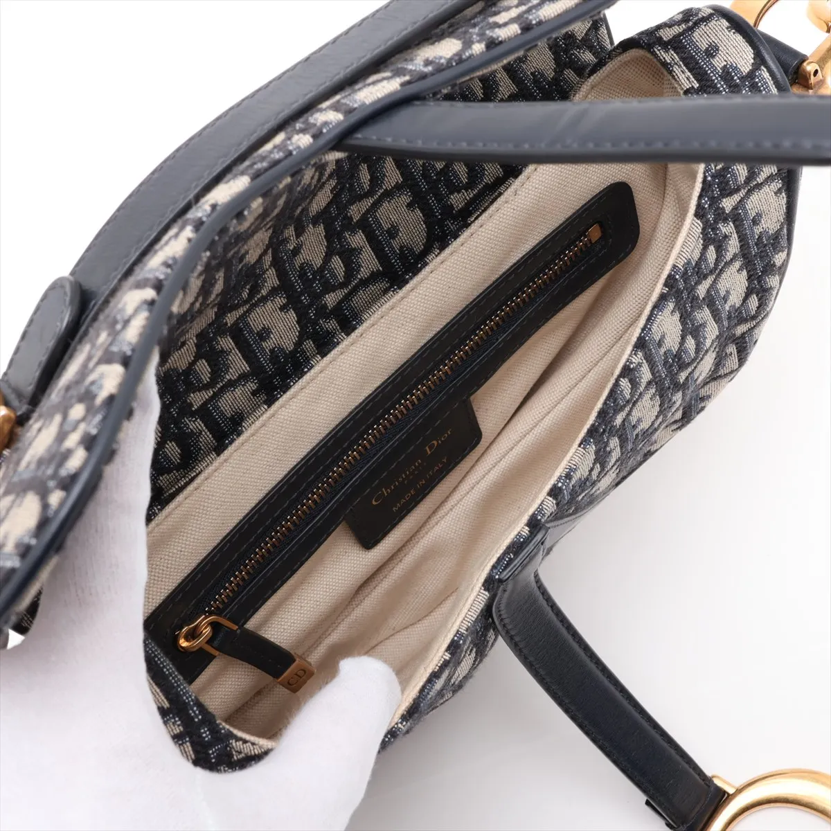 Oblique Saddle Bag, Canvas x Leather, 2-Way Handbag, Navy — view 8
