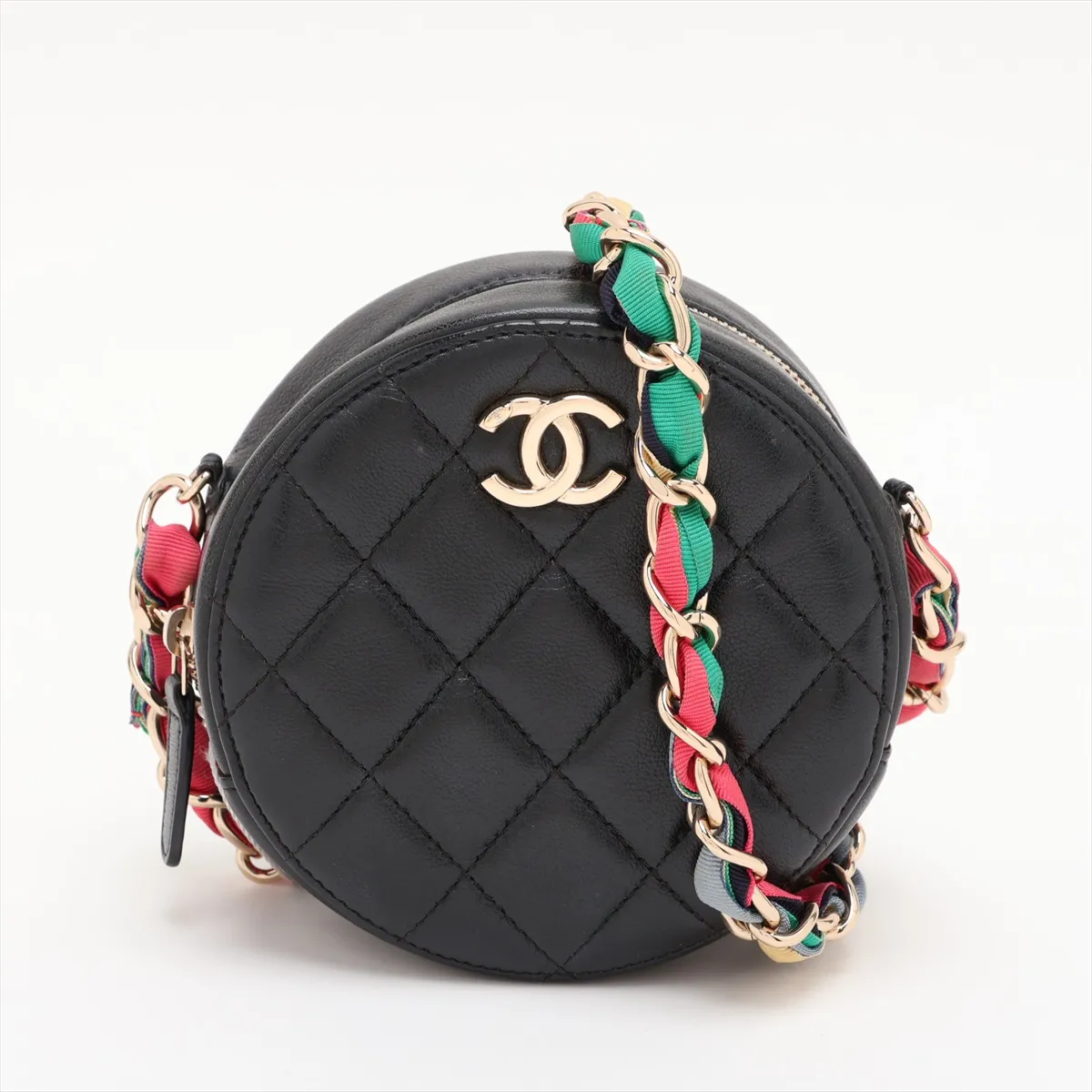 Matelassé Lambskin Chain Shoulder Bag, Round, Black with Gold Hardware, 30895811 (Serial Number in the 30s)