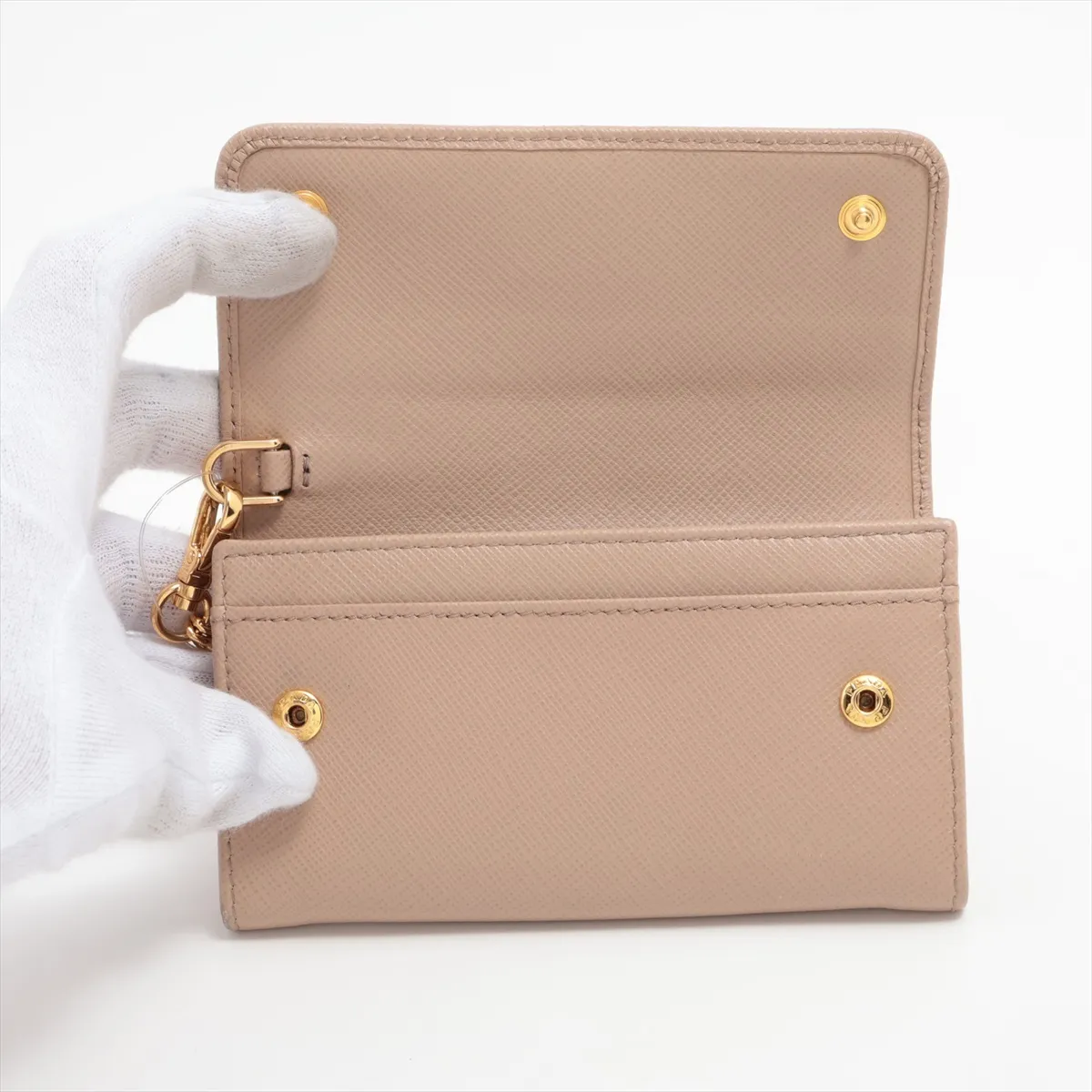 Saffiano Metal Leather Coin Case, Beige — view 3