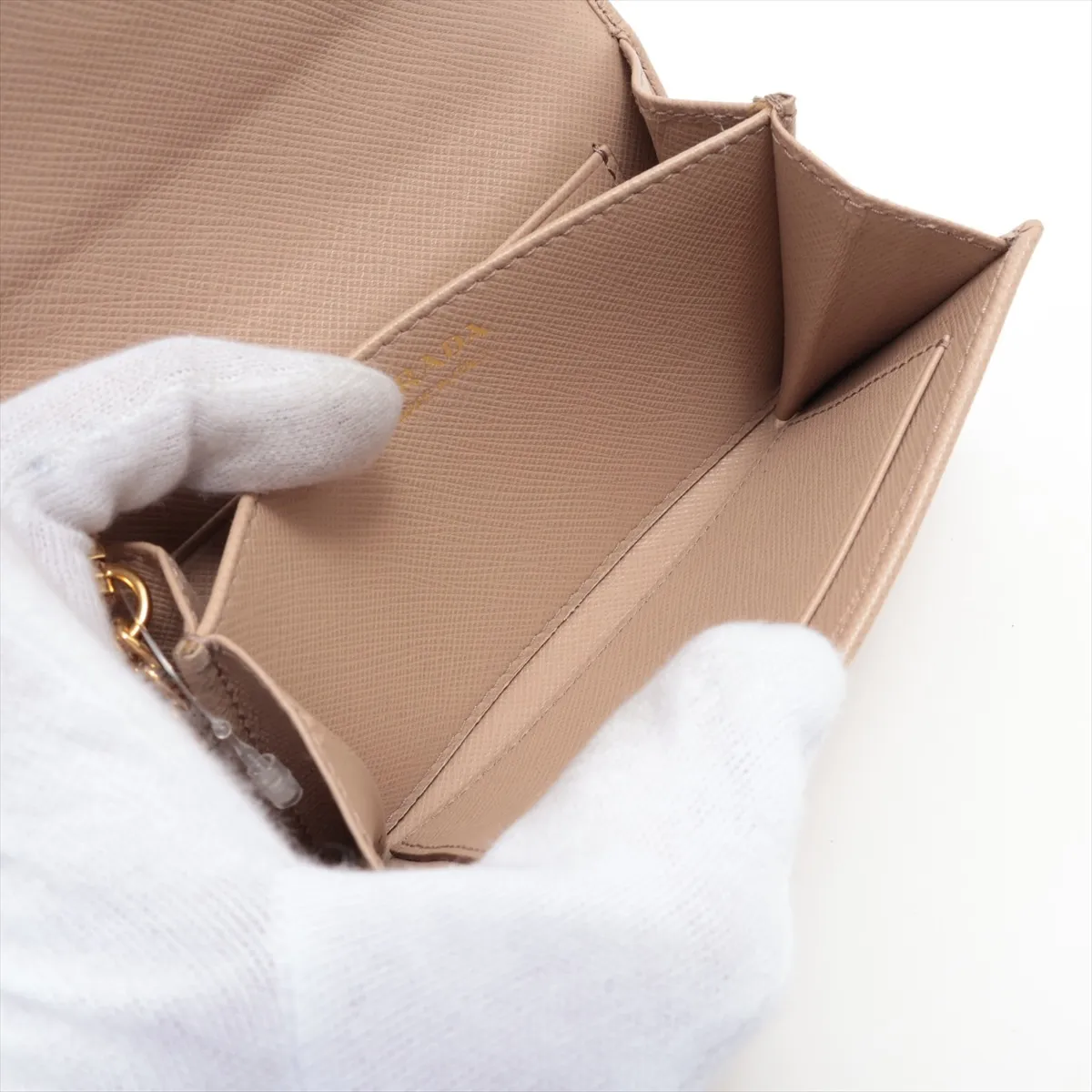 Saffiano Metal Leather Coin Case, Beige — view 5