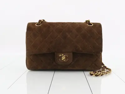 Matelassé 25 Suede Double Flap Shoulder Bag, Brown, with original seal.