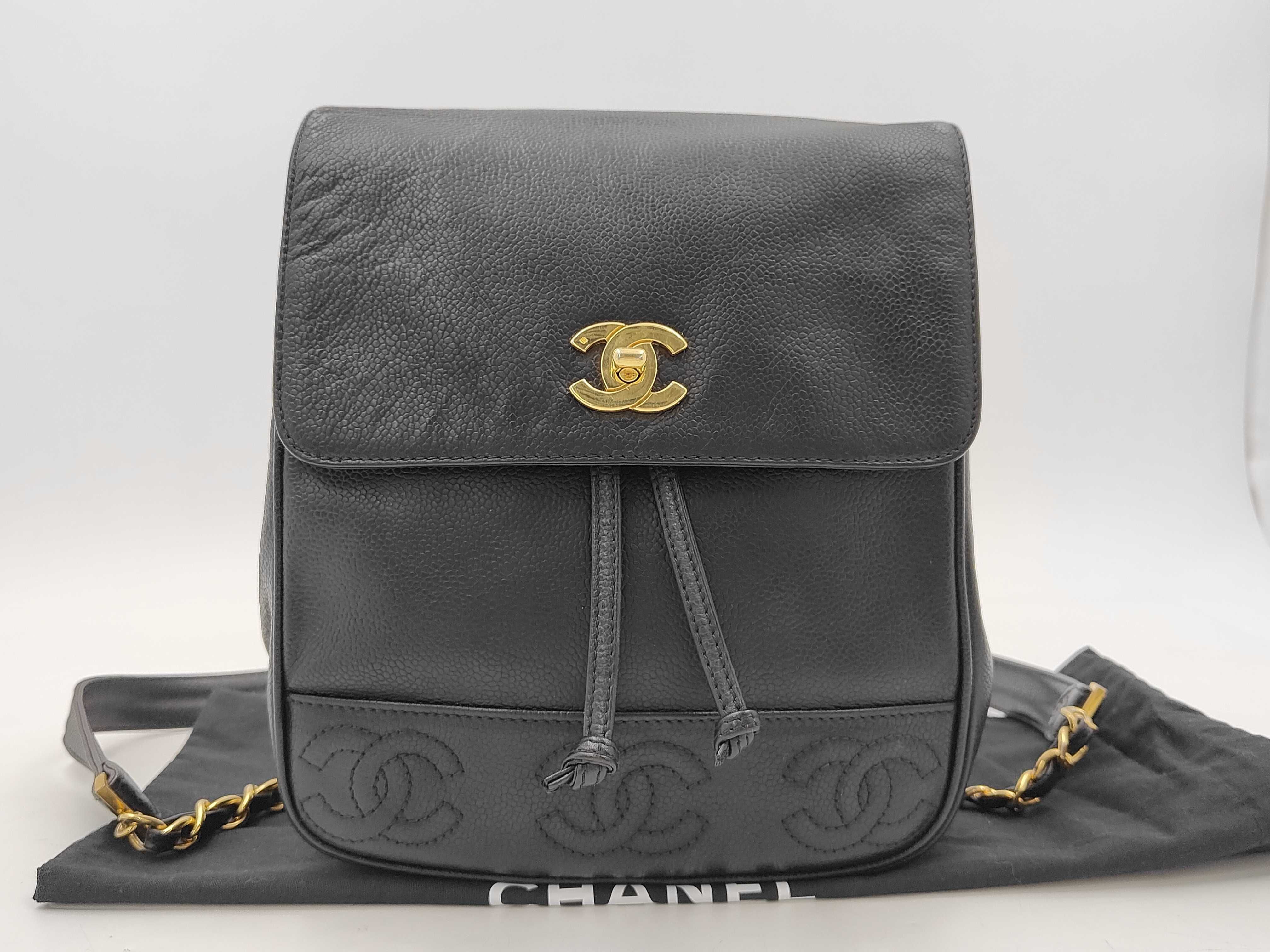 Triple Coco Turnlock Backpack, Caviar Leather, Gold Hardware, Black, 4267896 (Backpack)