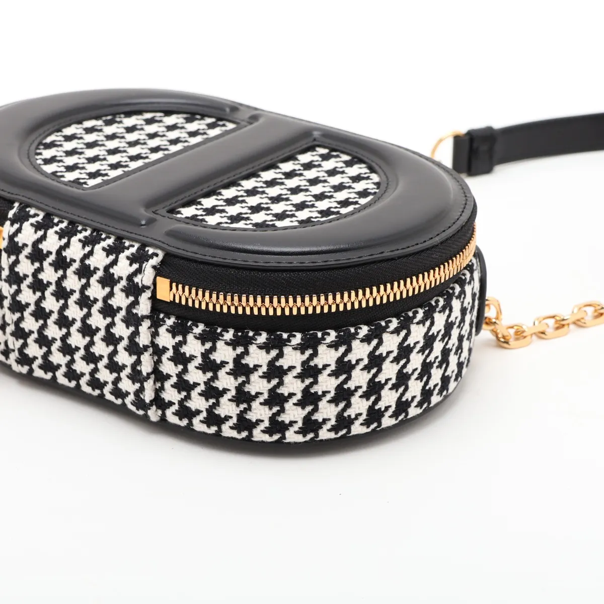 CD Logo Tweed x Leather Chain Shoulder Bag, Black x White — view 3