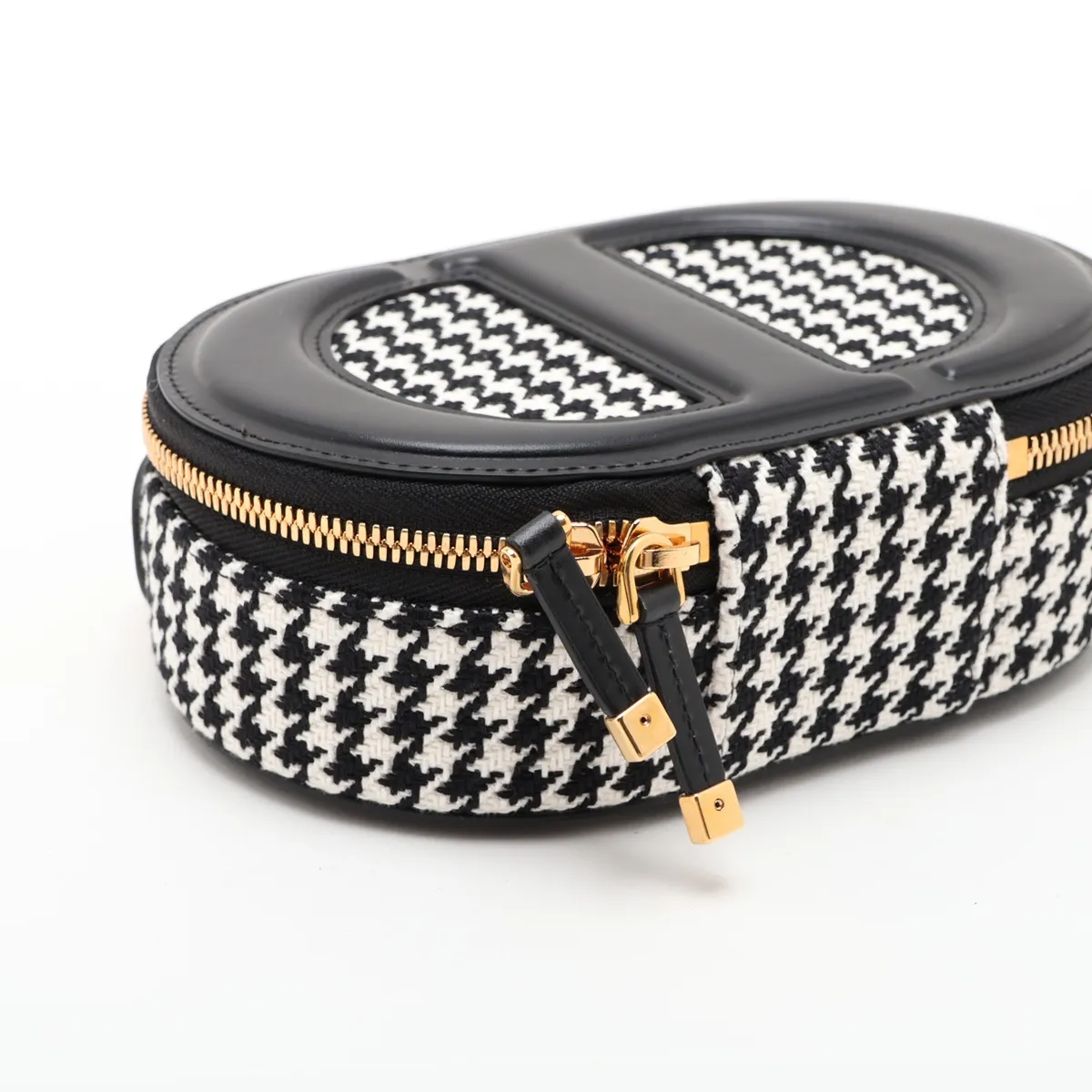 CD Logo Tweed x Leather Chain Shoulder Bag, Black x White — view 4