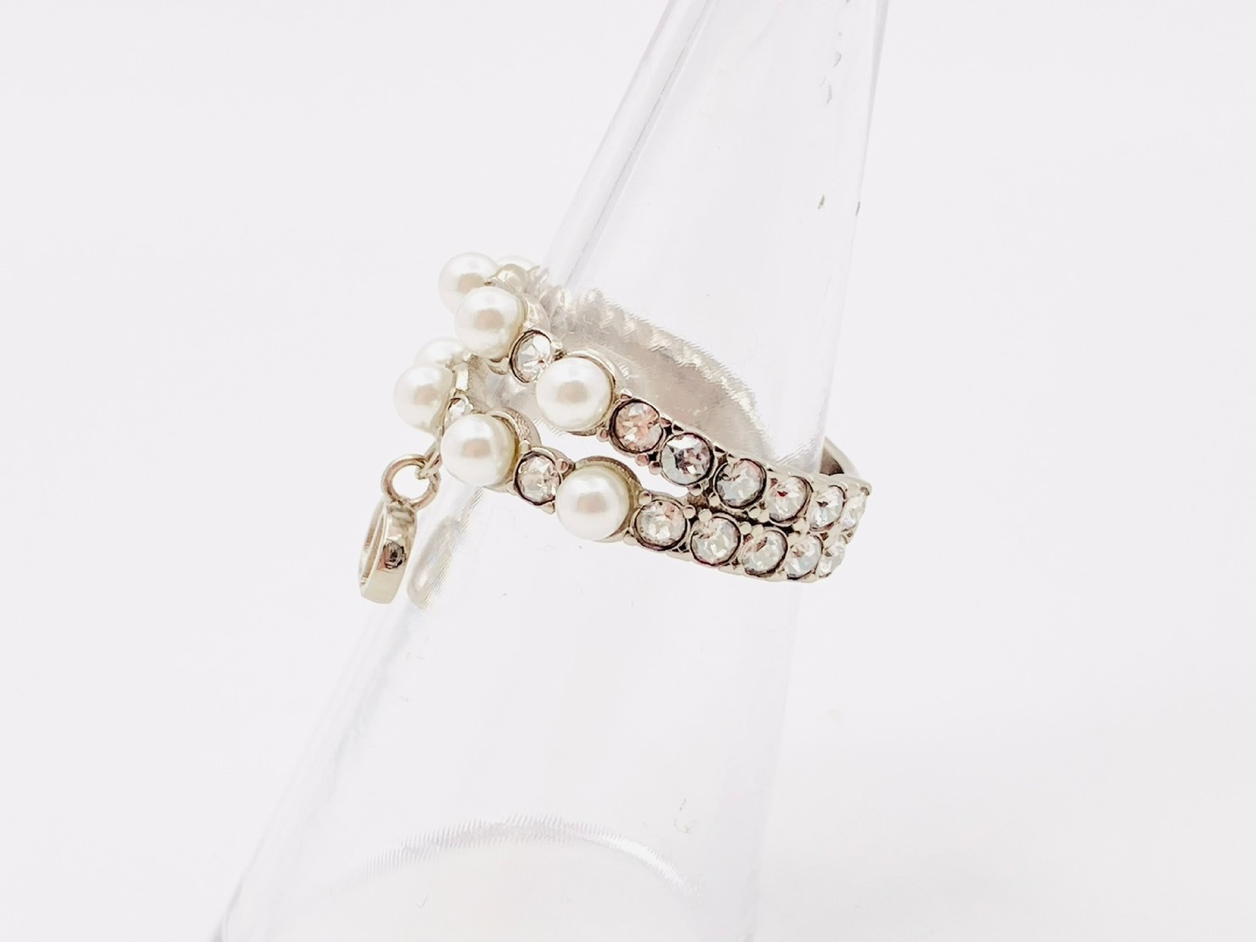 Petit CD logo charm rhinestone x faux pearl ring #S silver ring — view 2
