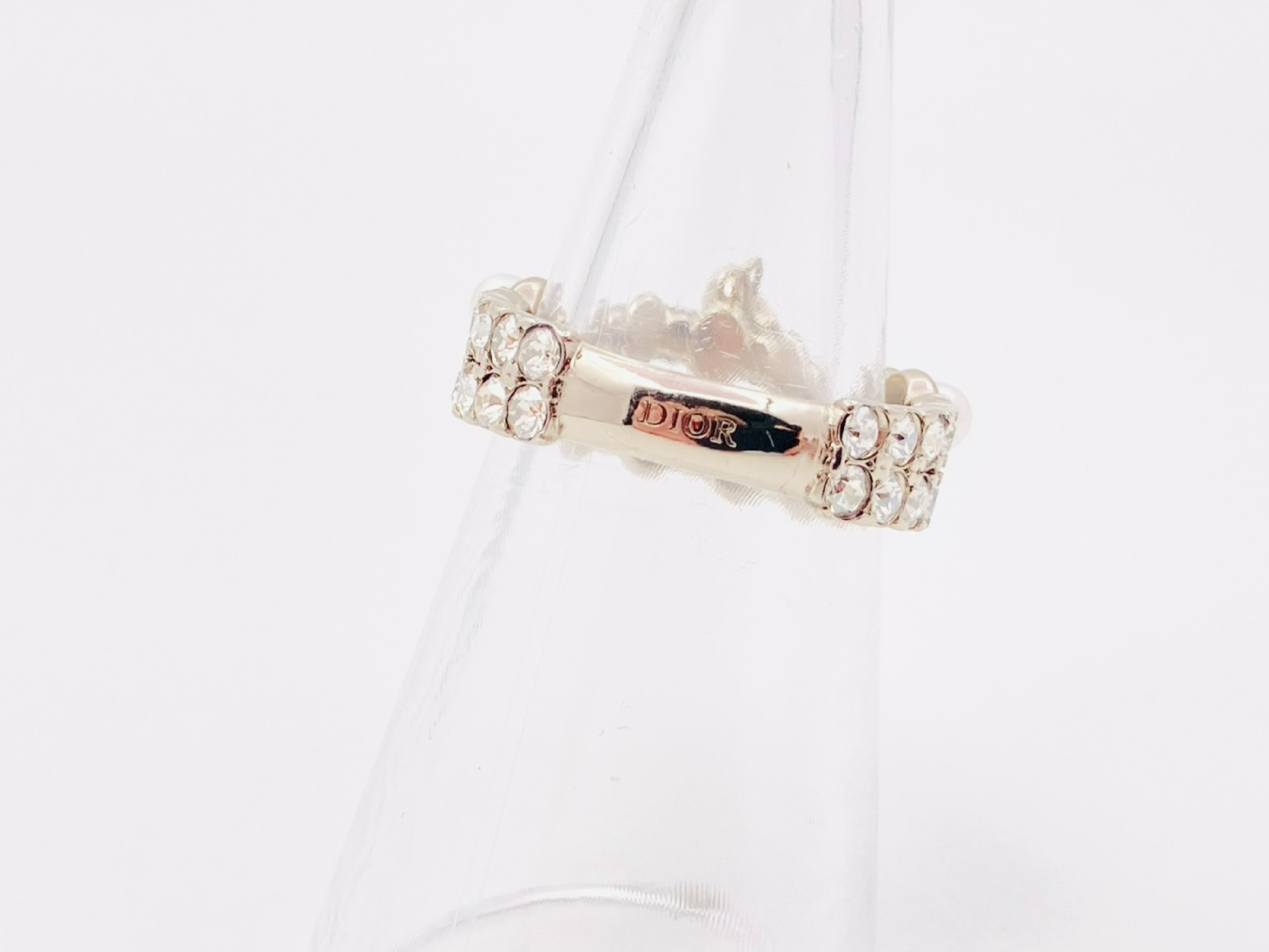 Petit CD logo charm rhinestone x faux pearl ring #S silver ring — view 3