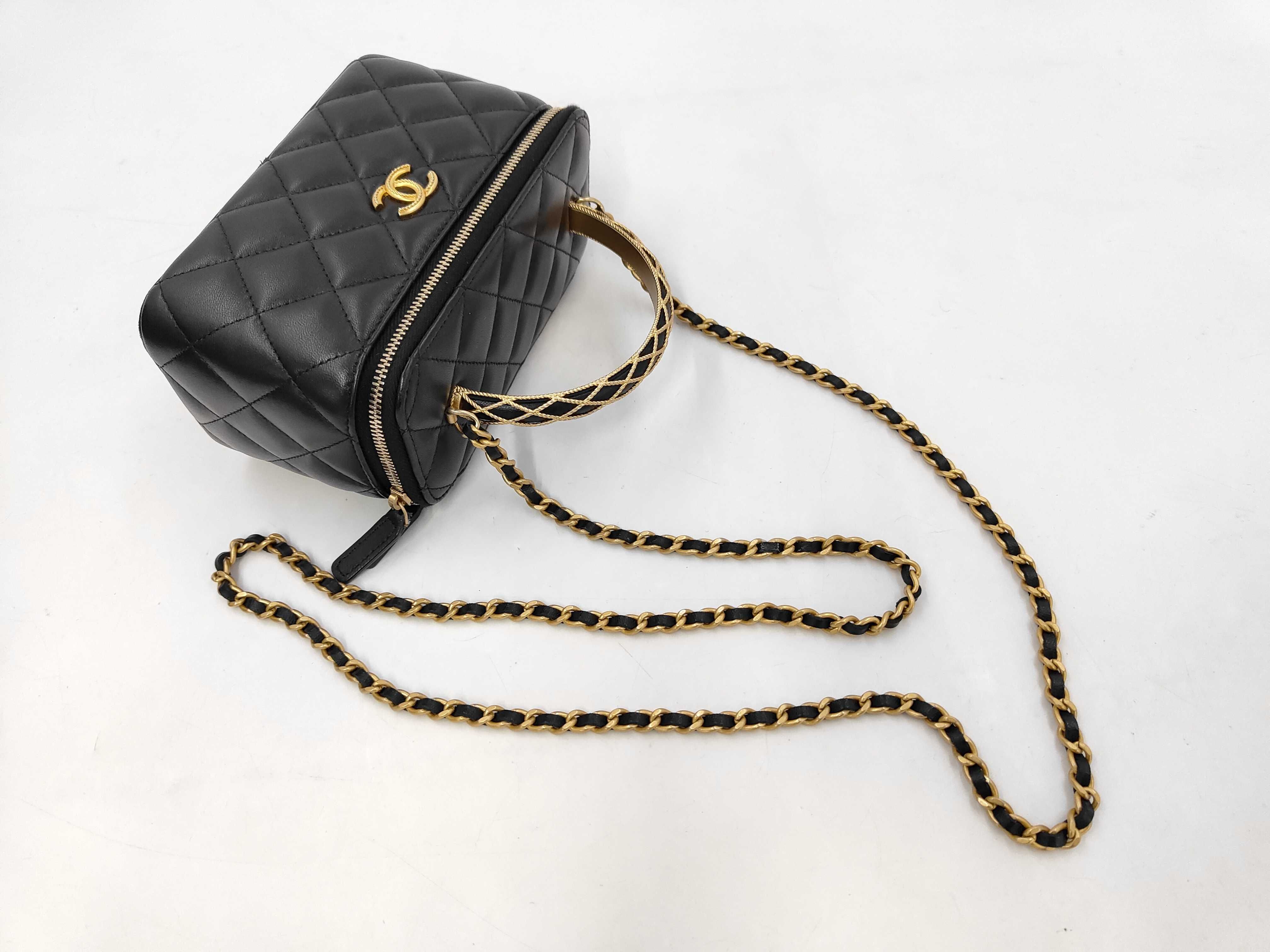 Matelassé Mini Vanity Bag, 2-Way Chain Shoulder Bag, Black Lambskin, Gold Hardware — view 4