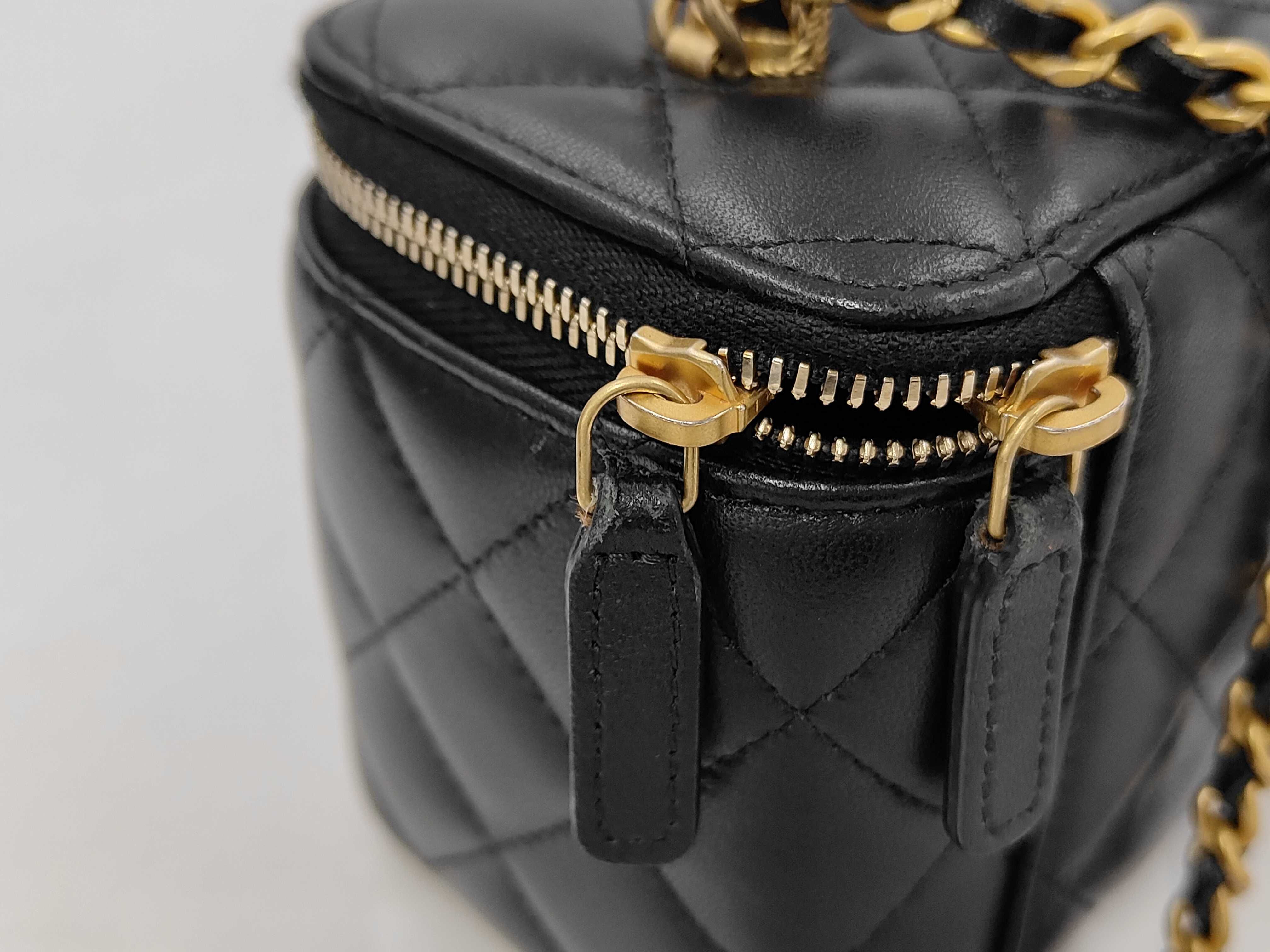 Matelassé Mini Vanity Bag, 2-Way Chain Shoulder Bag, Black Lambskin, Gold Hardware — view 7