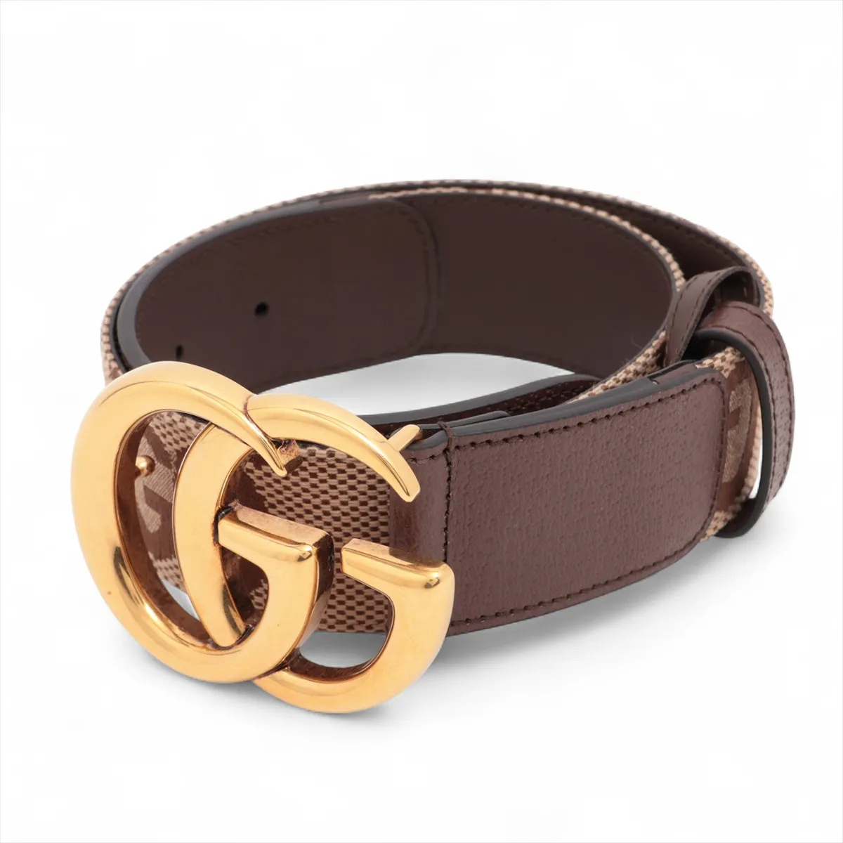 400593 GG Marmont Belt, size 65, canvas and leather, beige and brown. Shows signs of wear: