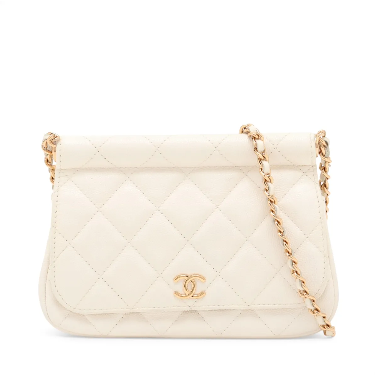 Matelassé Caviar Skin Chain Shoulder Bag, White, Gold Hardware, N25225KA, Random Serial Number
