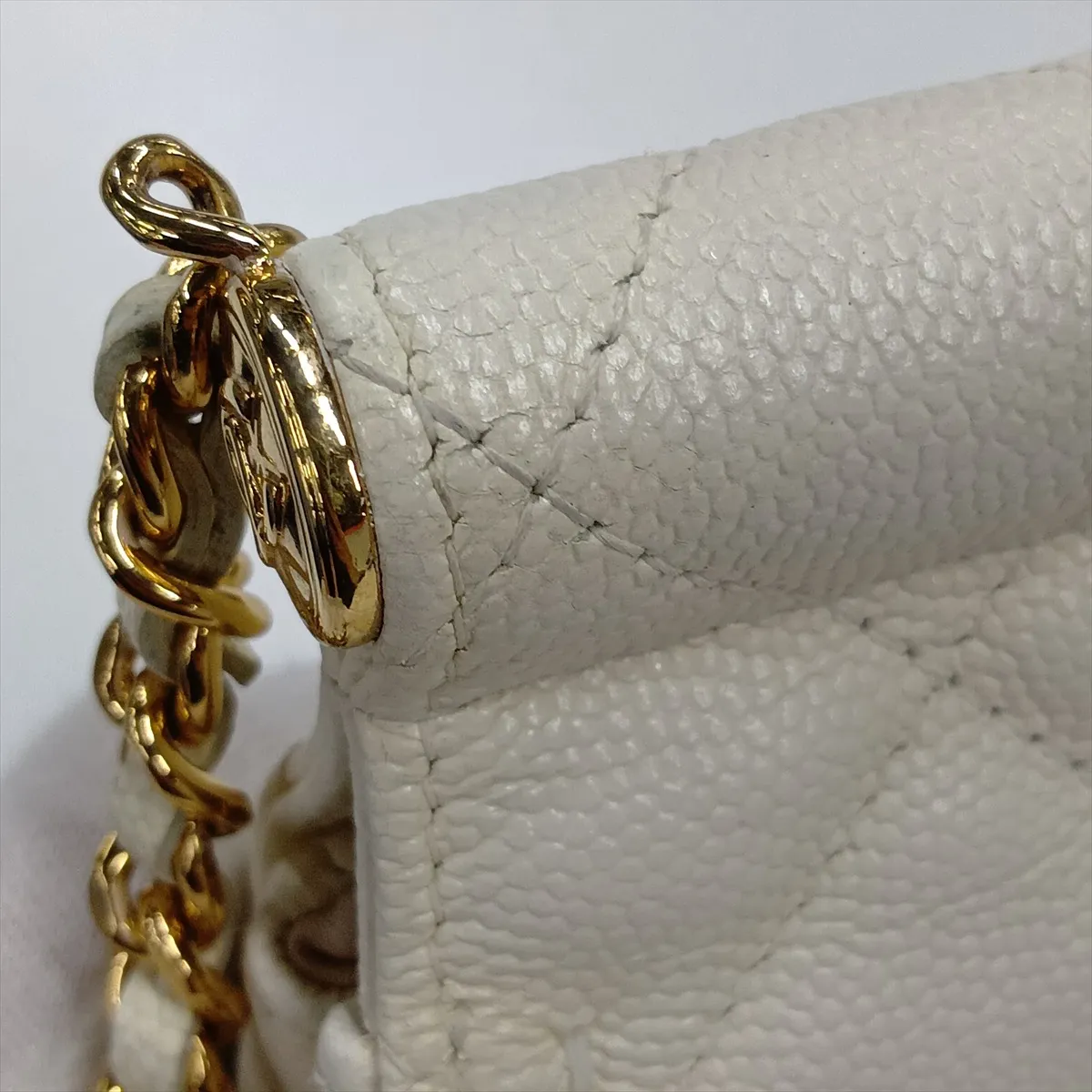 Matelassé Caviar Skin Chain Shoulder Bag, White, Gold Hardware, N25225KA, Random Serial Number — view 8