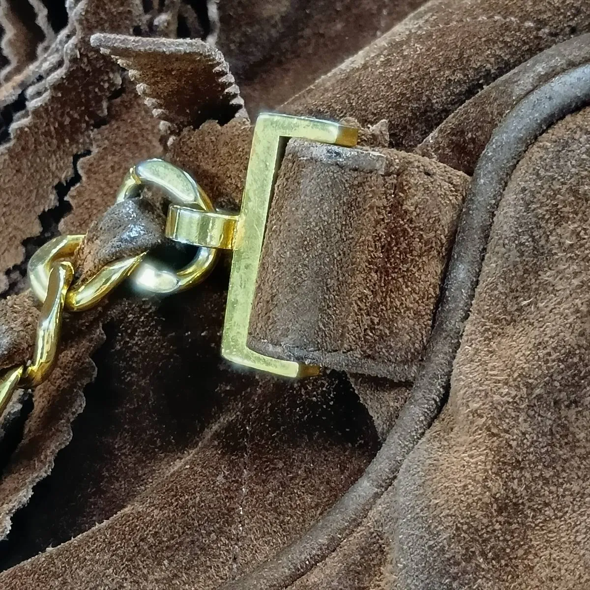 Matelassé Suede Chain Backpack with Fringe, Brown, Gold Hardware, Item No. 3037395 (Serial No. 3) — view 13