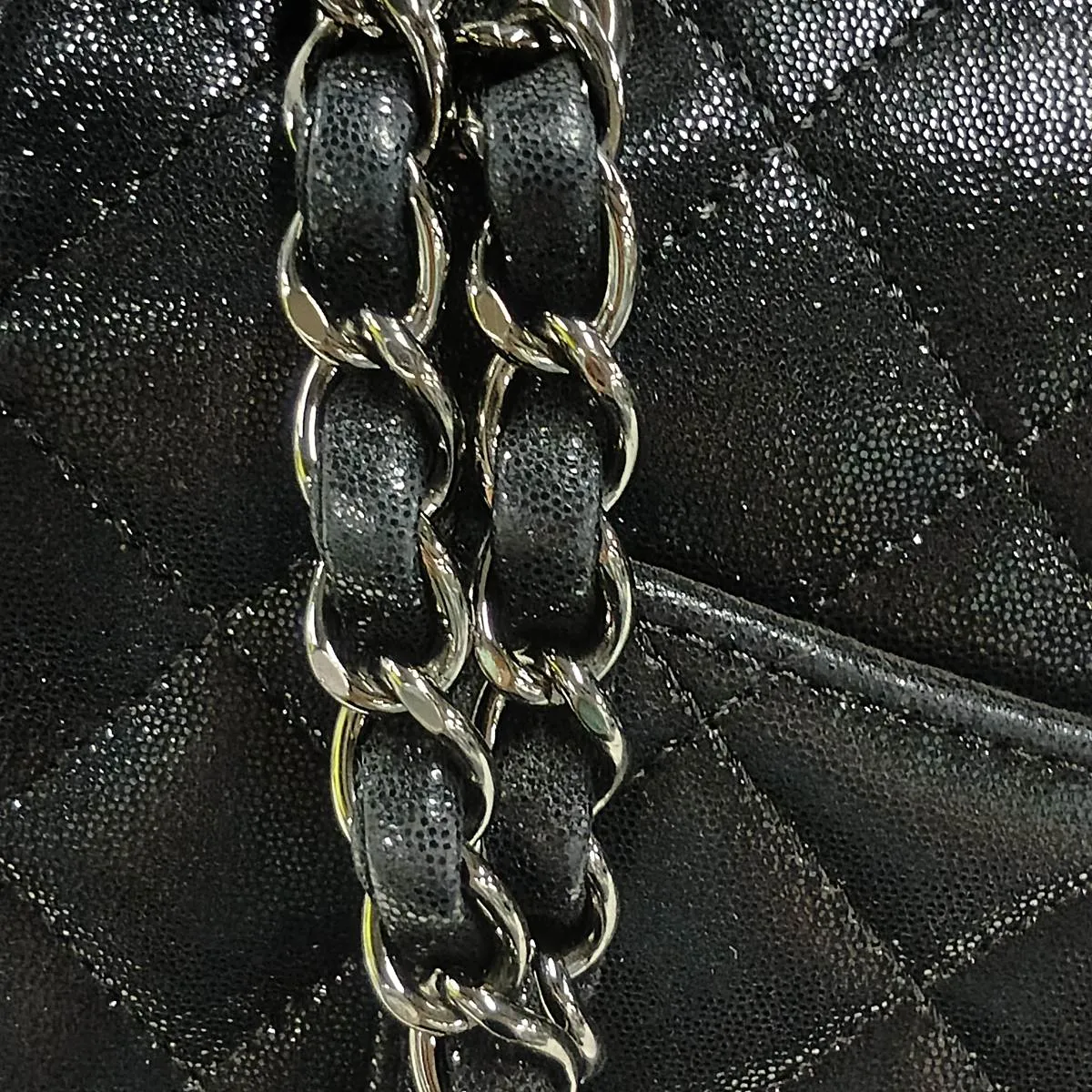 Matelassé Coated Leather Single Flap Double Chain Bag, Black, Silver Hardware, 15185642 (Serial Number 15) — view 12
