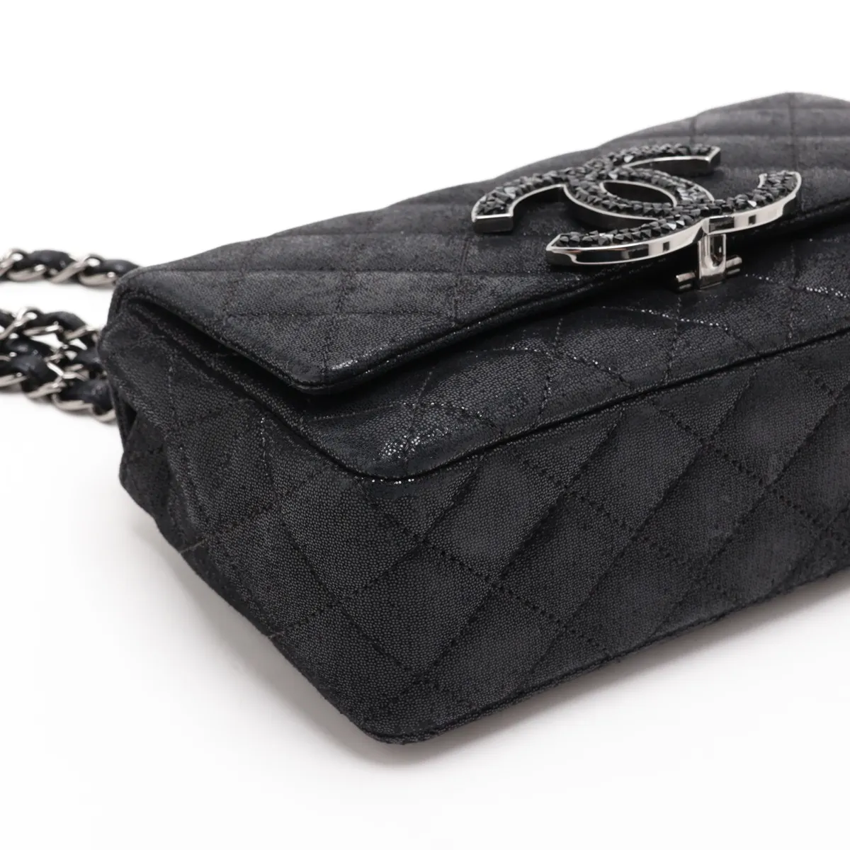Matelassé Coated Leather Single Flap Double Chain Bag, Black, Silver Hardware, 15185642 (Serial Number 15) — view 4