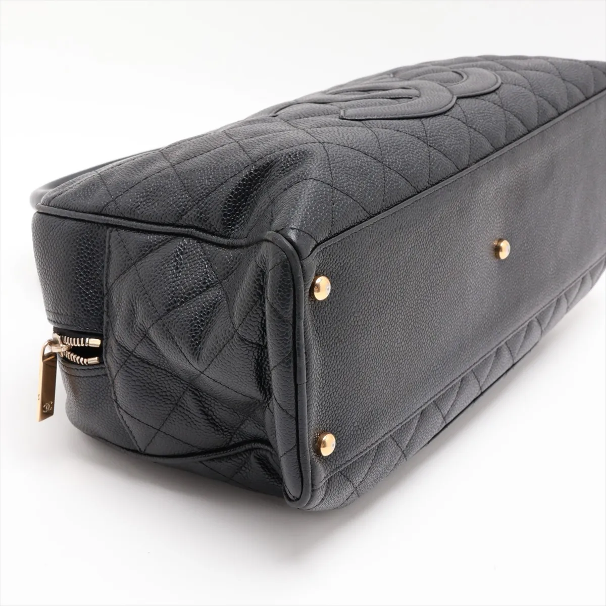 Matelassé Caviar Skin Handbag, Black with Gold Hardware — view 4