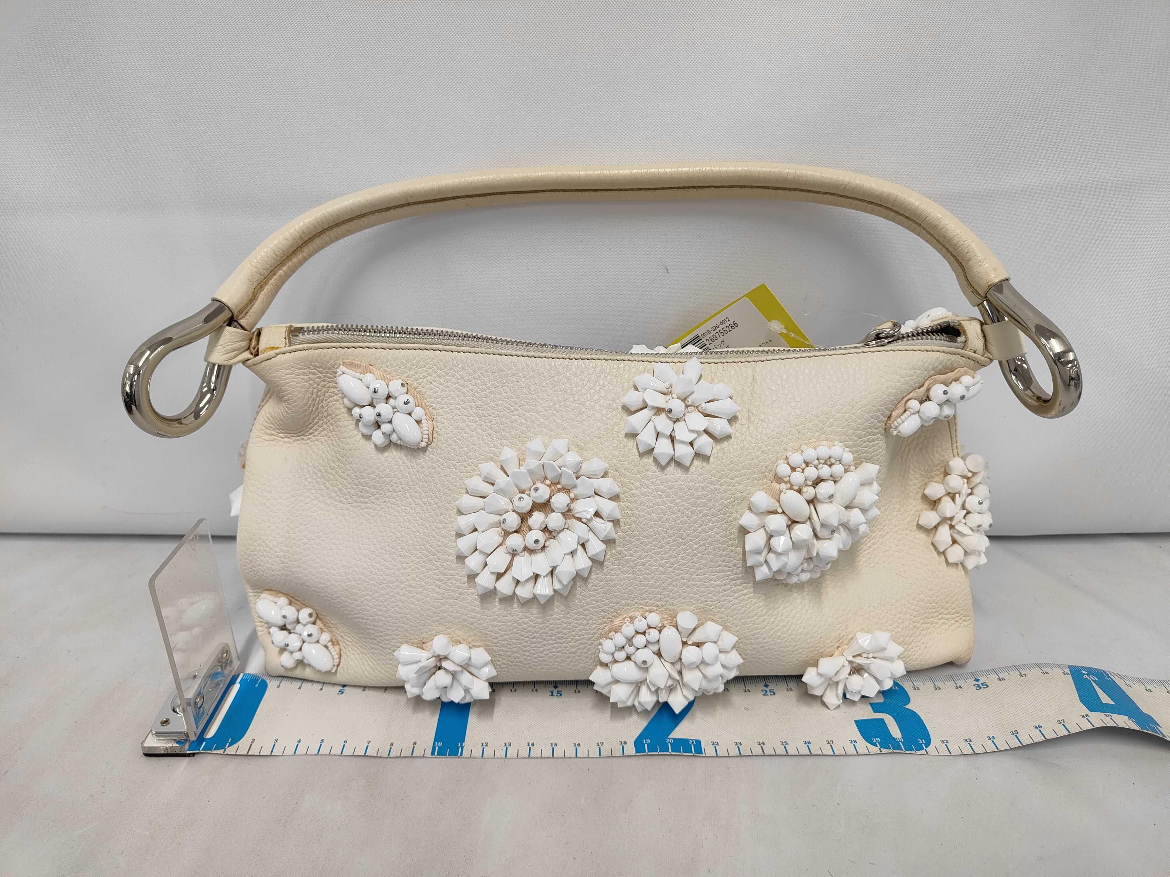 One-Shoulder Leather White Beaded Shoulder Bag (Some fraying) — view 2