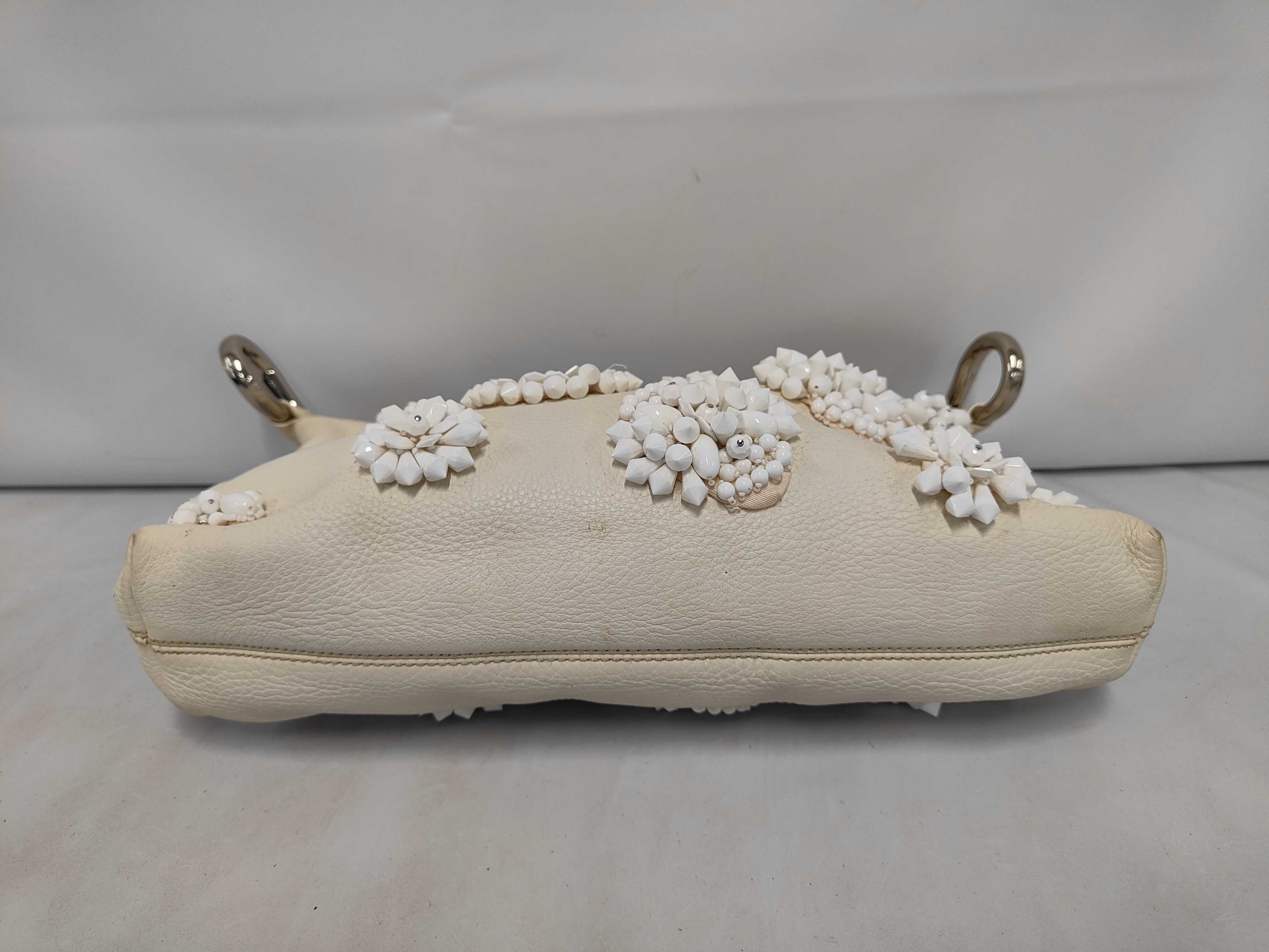 One-Shoulder Leather White Beaded Shoulder Bag (Some fraying) — view 3