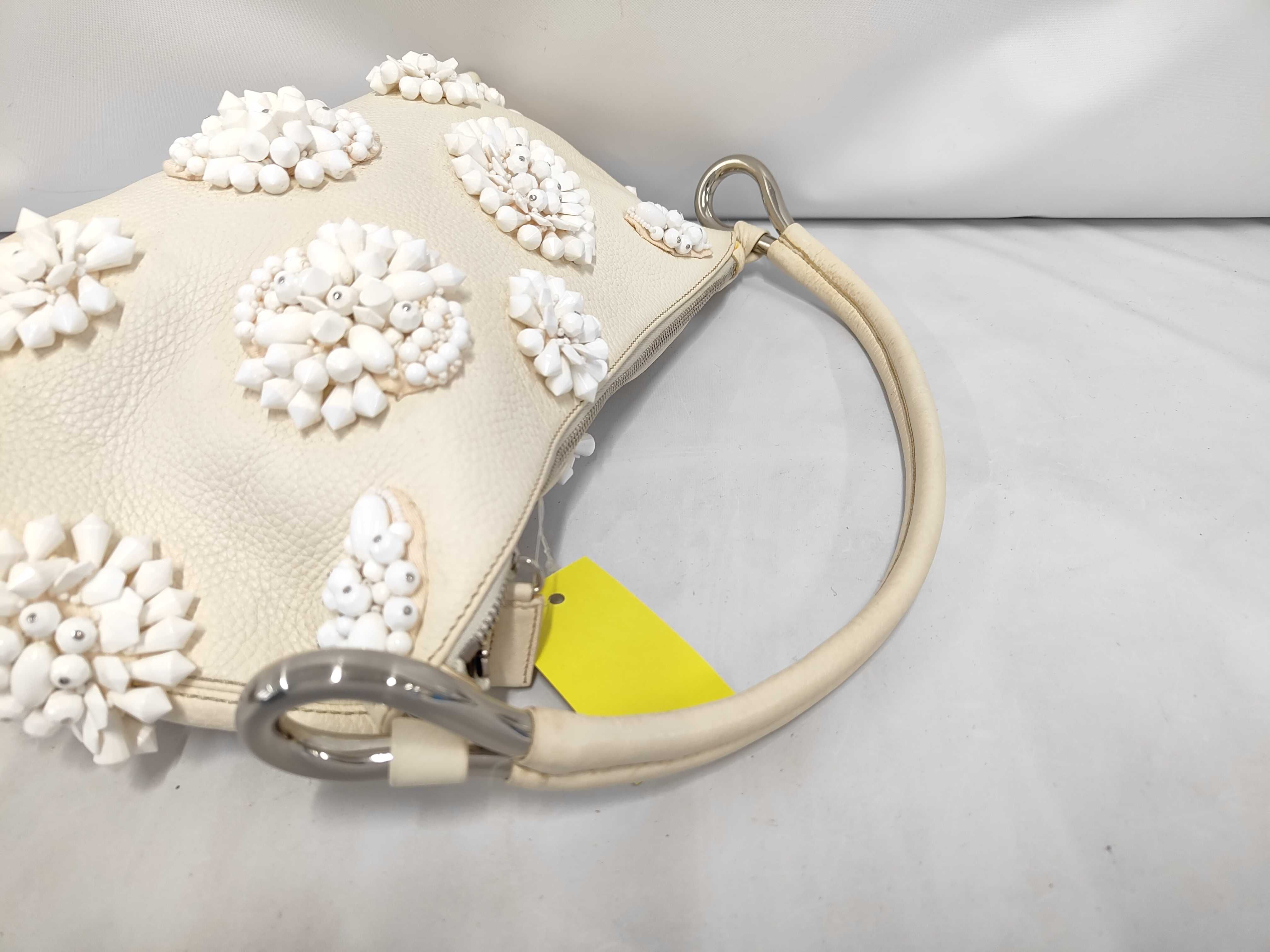 One-Shoulder Leather White Beaded Shoulder Bag (Some fraying) — view 5