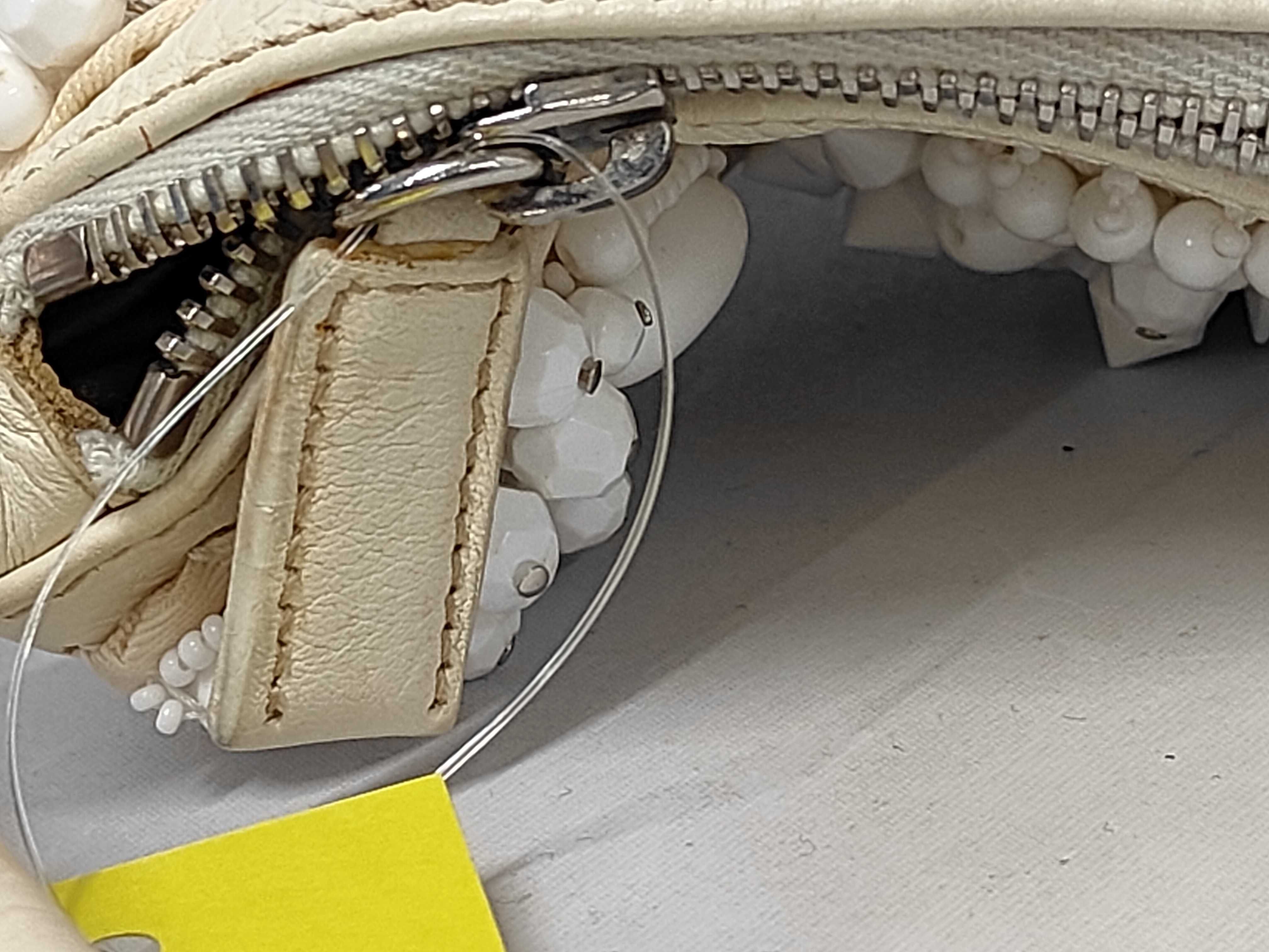 One-Shoulder Leather White Beaded Shoulder Bag (Some fraying) — view 9