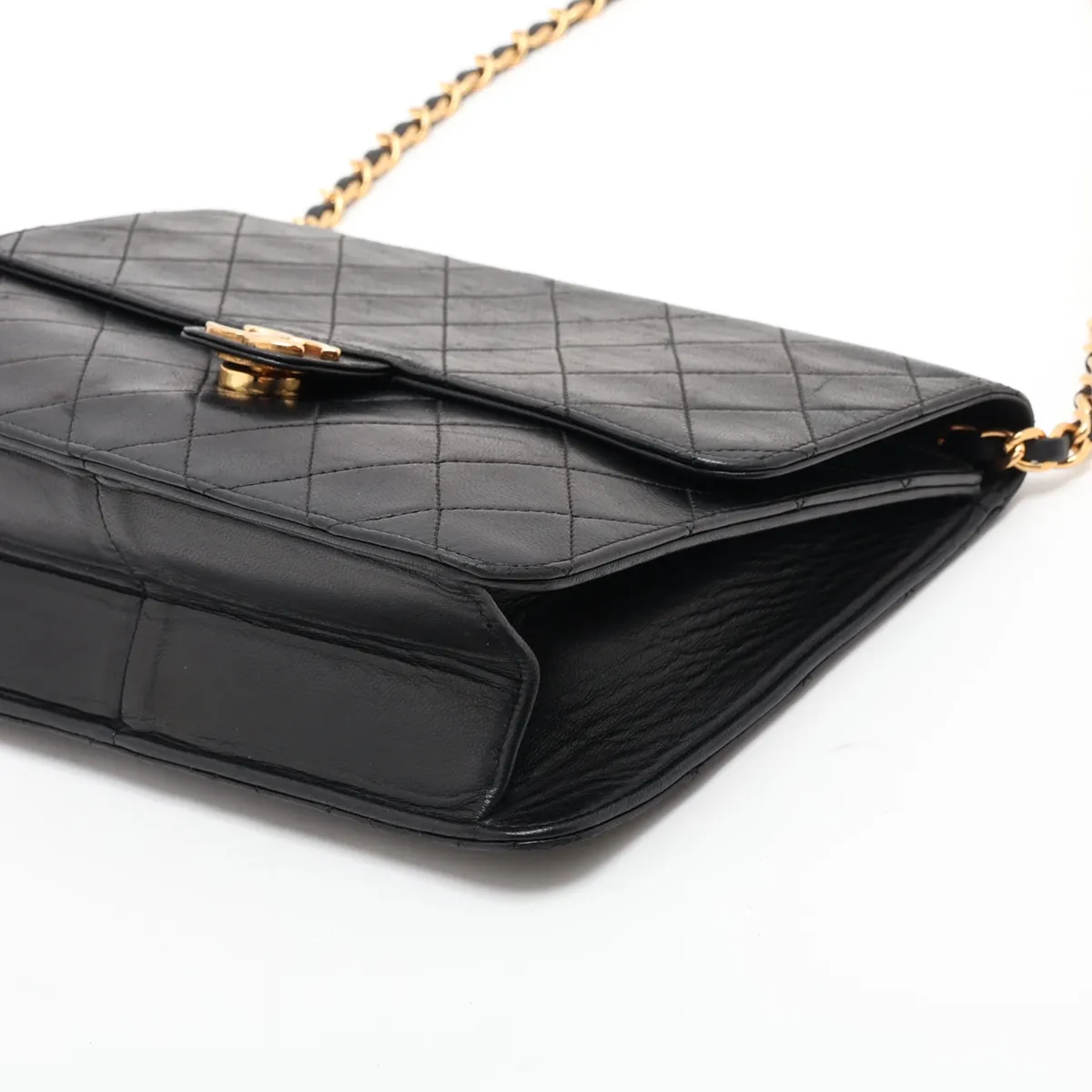 Matelassé Lambskin Chain Shoulder Bag, Push-Lock, Black with Gold Hardware — view 3
