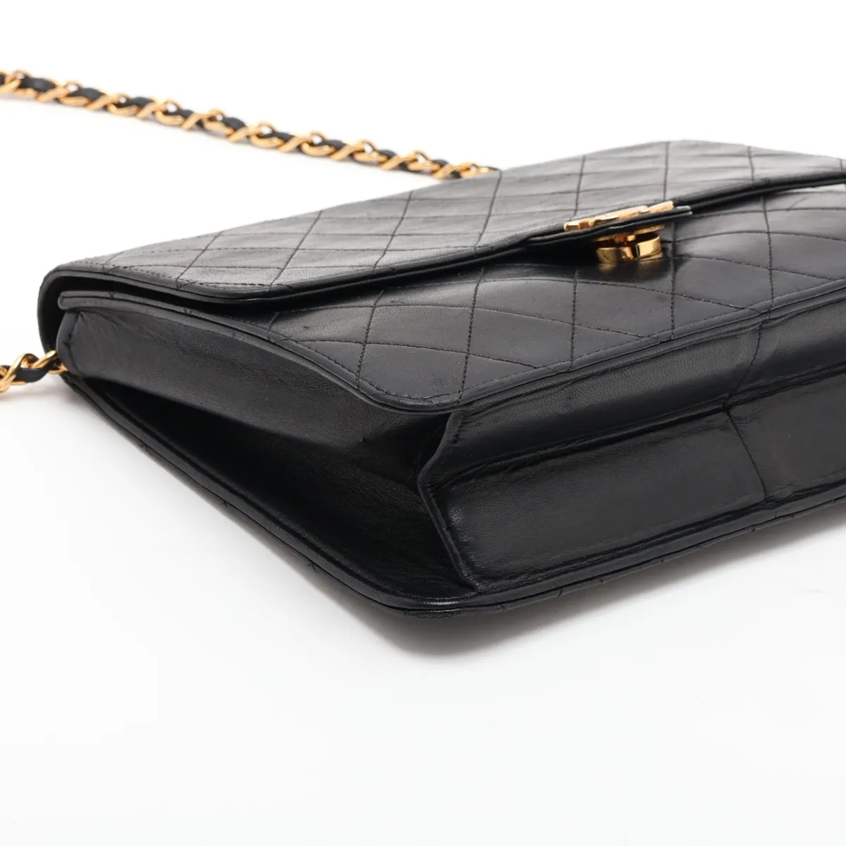 Matelassé Lambskin Chain Shoulder Bag, Push-Lock, Black with Gold Hardware — view 4