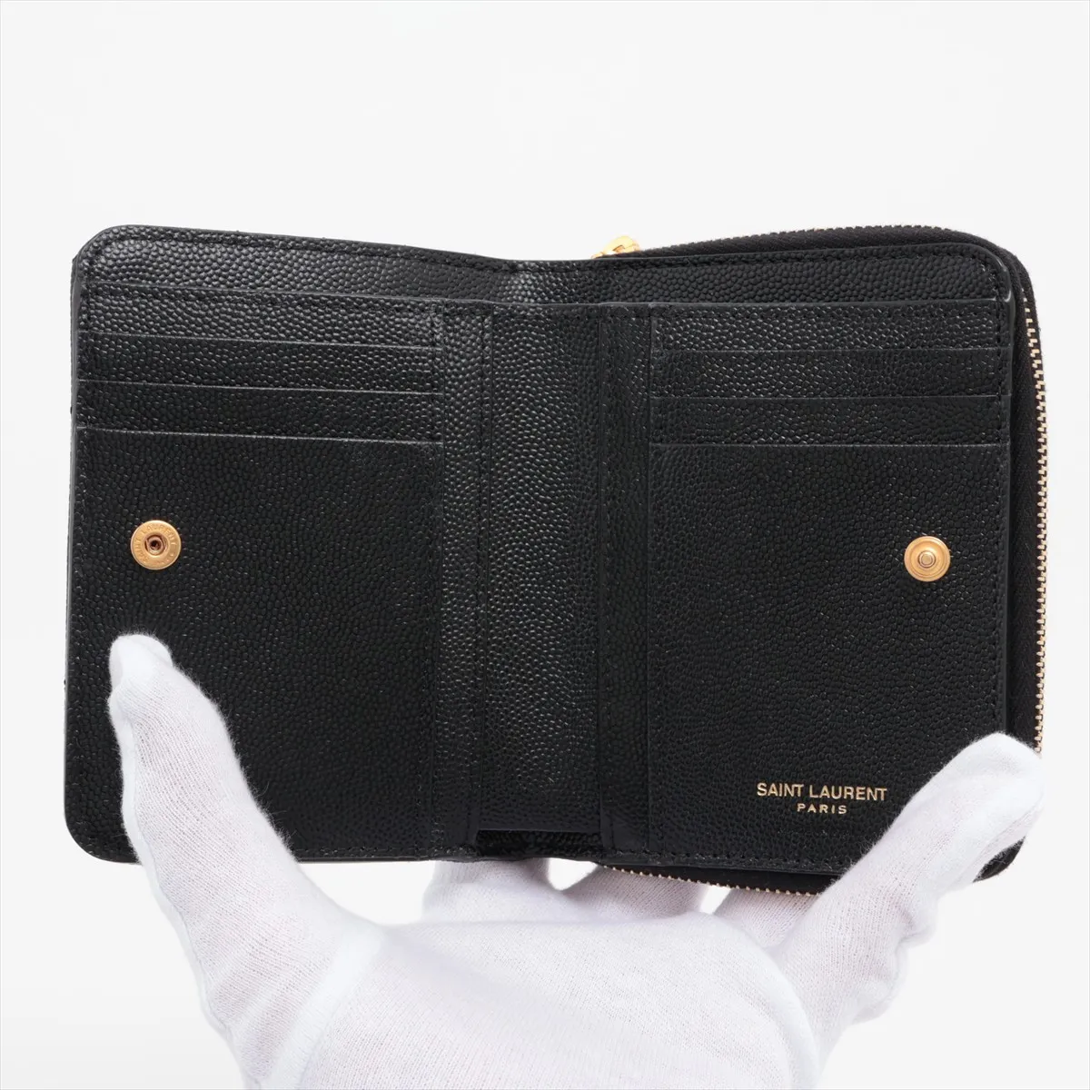 V Stitch YSL Logo BND668288 Leather Compact Wallet Black — view 3