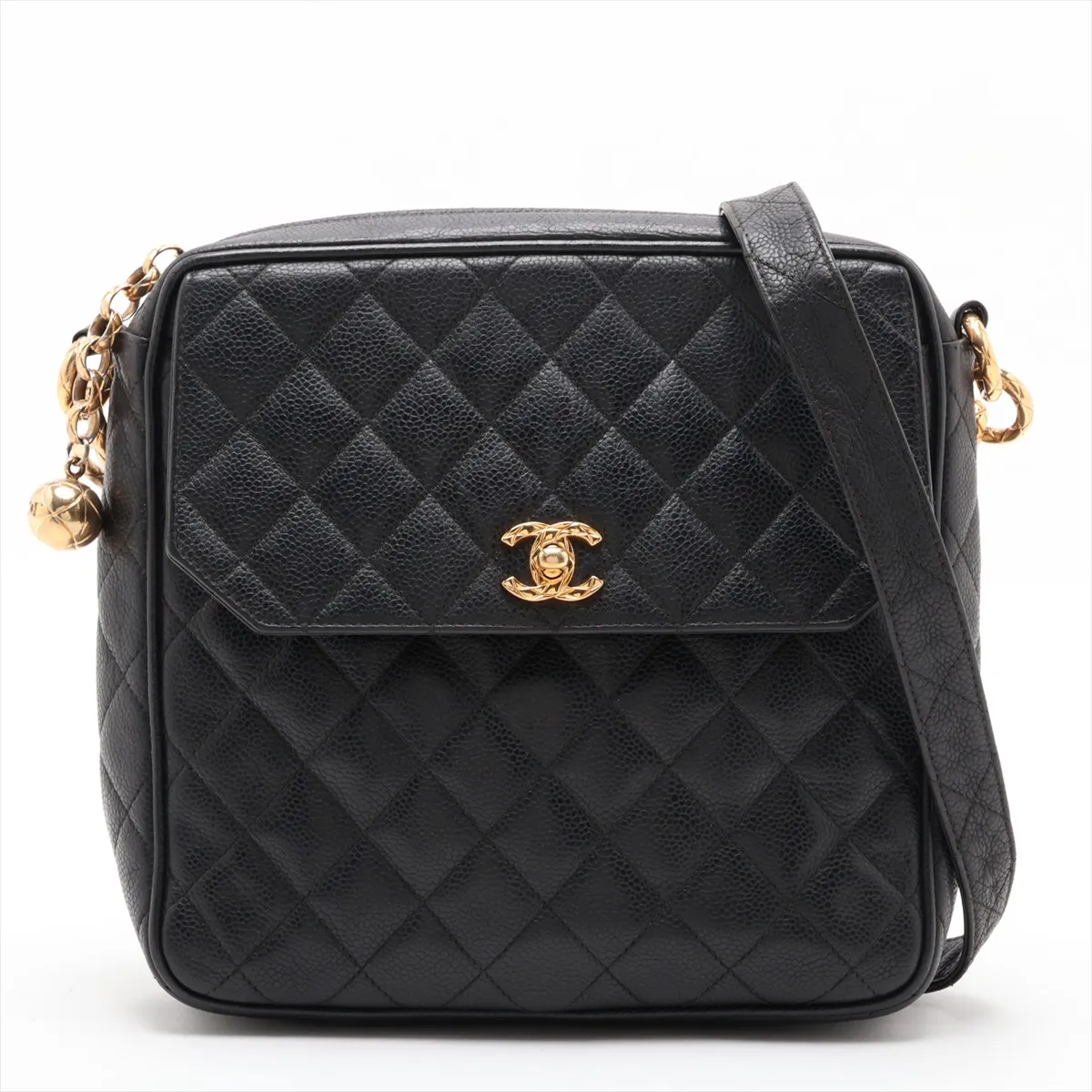 Matelassé Caviar Skin Chain Shoulder Bag, Black with Gold Hardware, 2667057, Serial Number 26