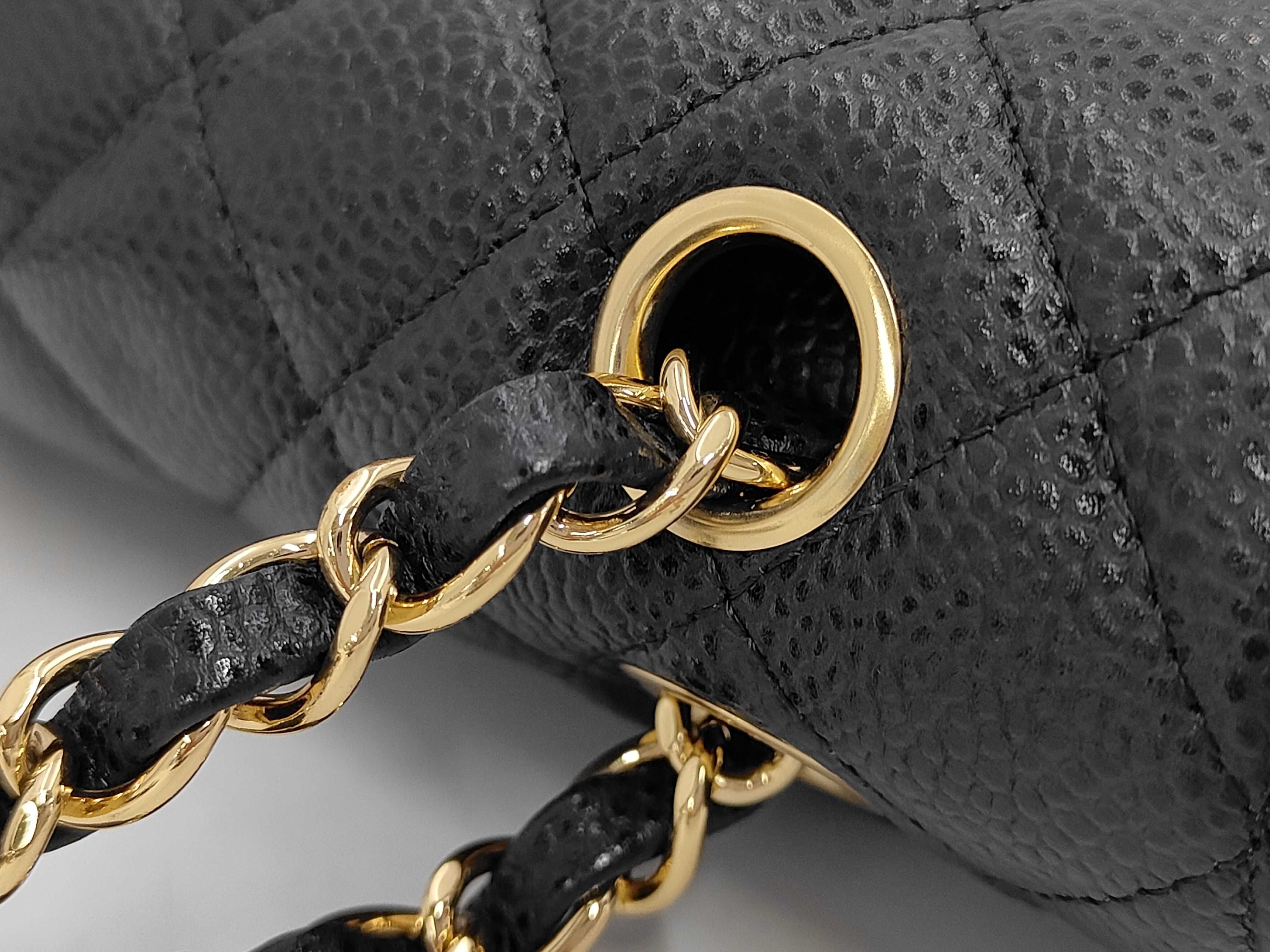 Matelassé Double Flap Chain Shoulder Bag, Caviar Leather, Black, Gold Hardware. — view 7