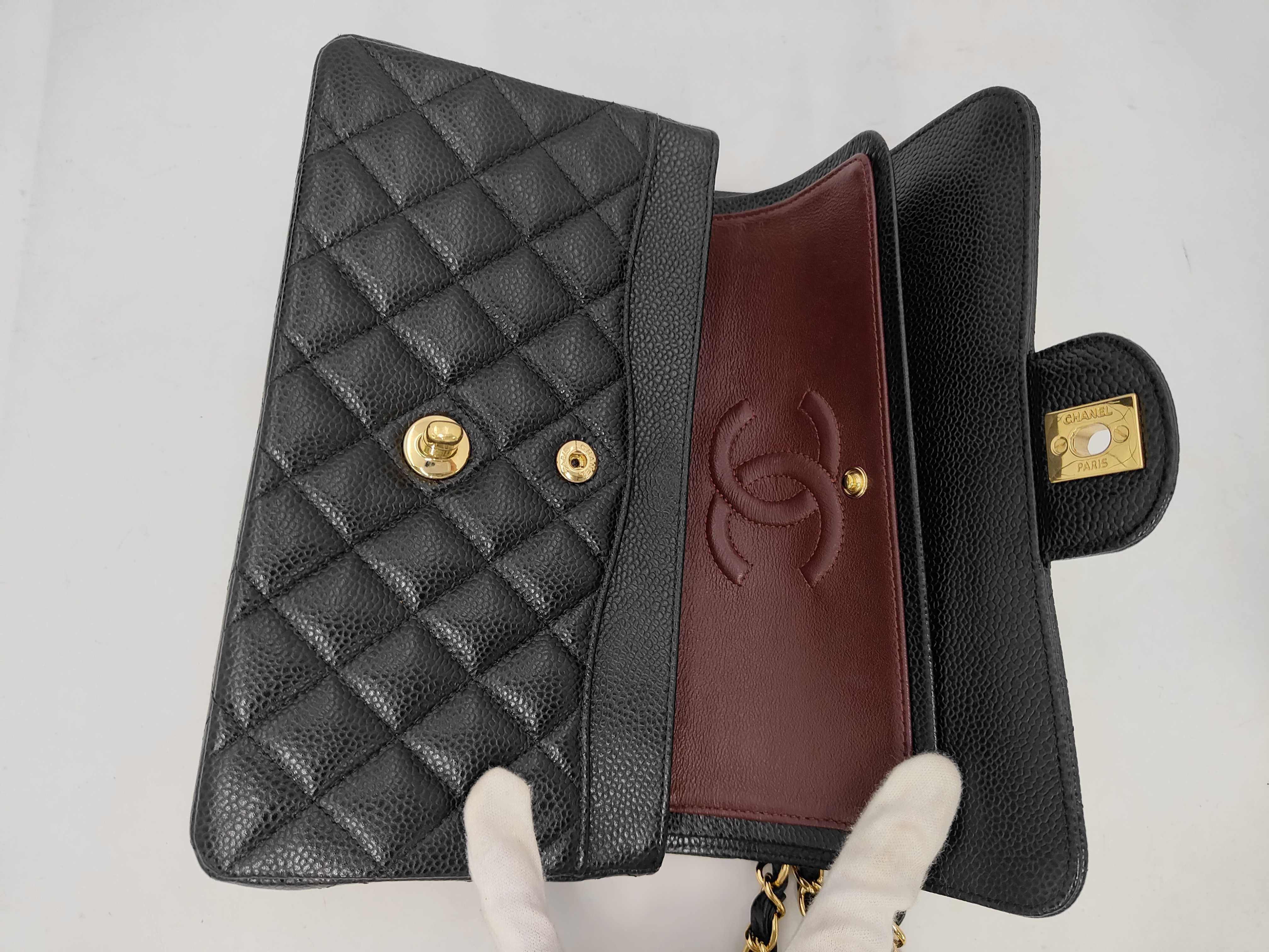 Matelassé Double Flap Chain Shoulder Bag, Caviar Leather, Black, Gold Hardware. — view 8