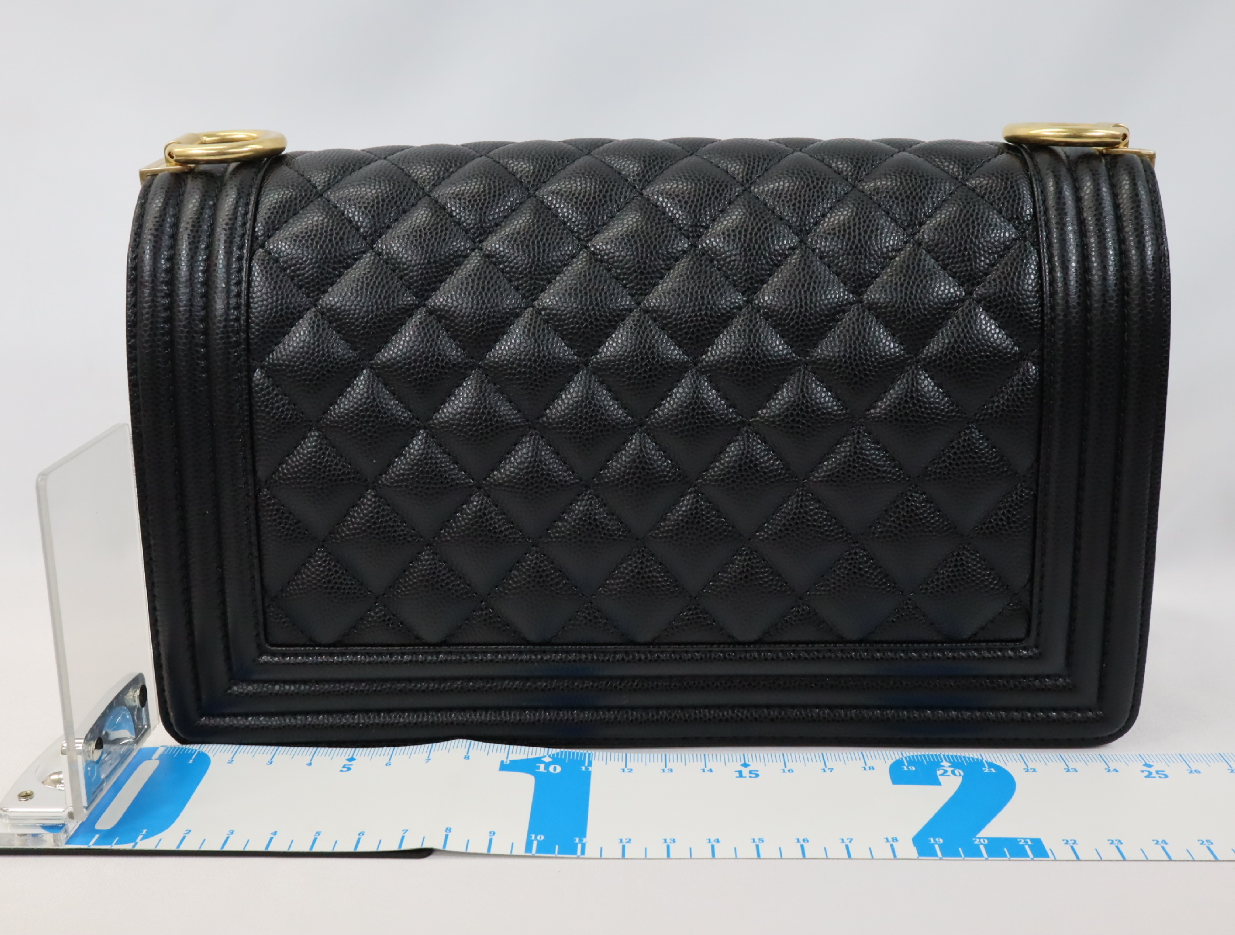 Boy Chanel 25 Caviar Skin Chain Shoulder Bag, Black with Gold Hardware and Random Plate Design, A67086 — view 2