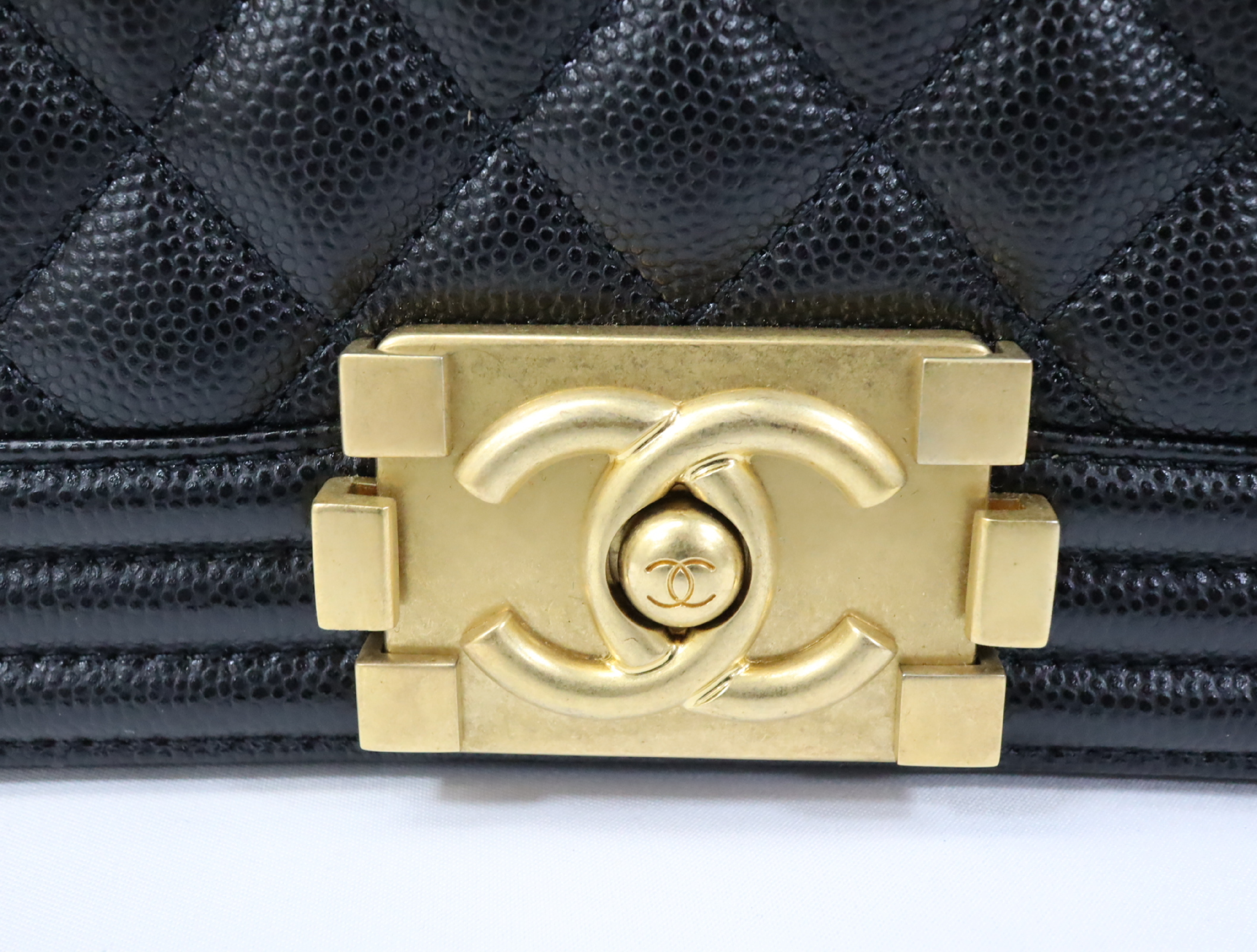 Boy Chanel 25 Caviar Skin Chain Shoulder Bag, Black with Gold Hardware and Random Plate Design, A67086 — view 11