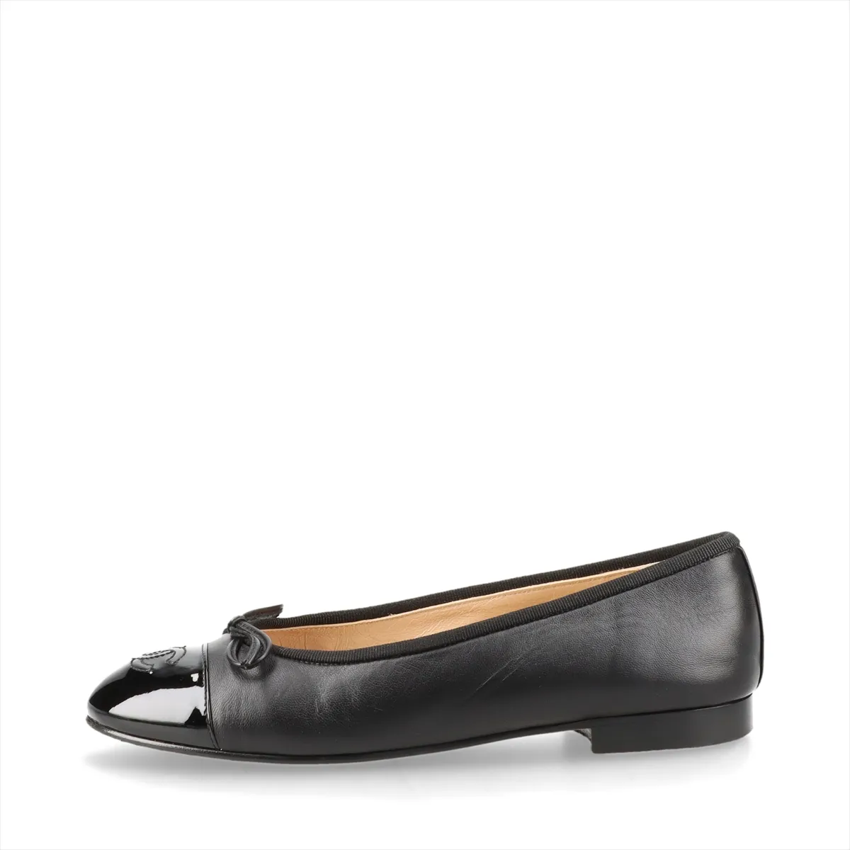 Coco Mark Leather x Patent Flat Pumps, Size 35.5C, Women's, Black, G02819, Ribbon